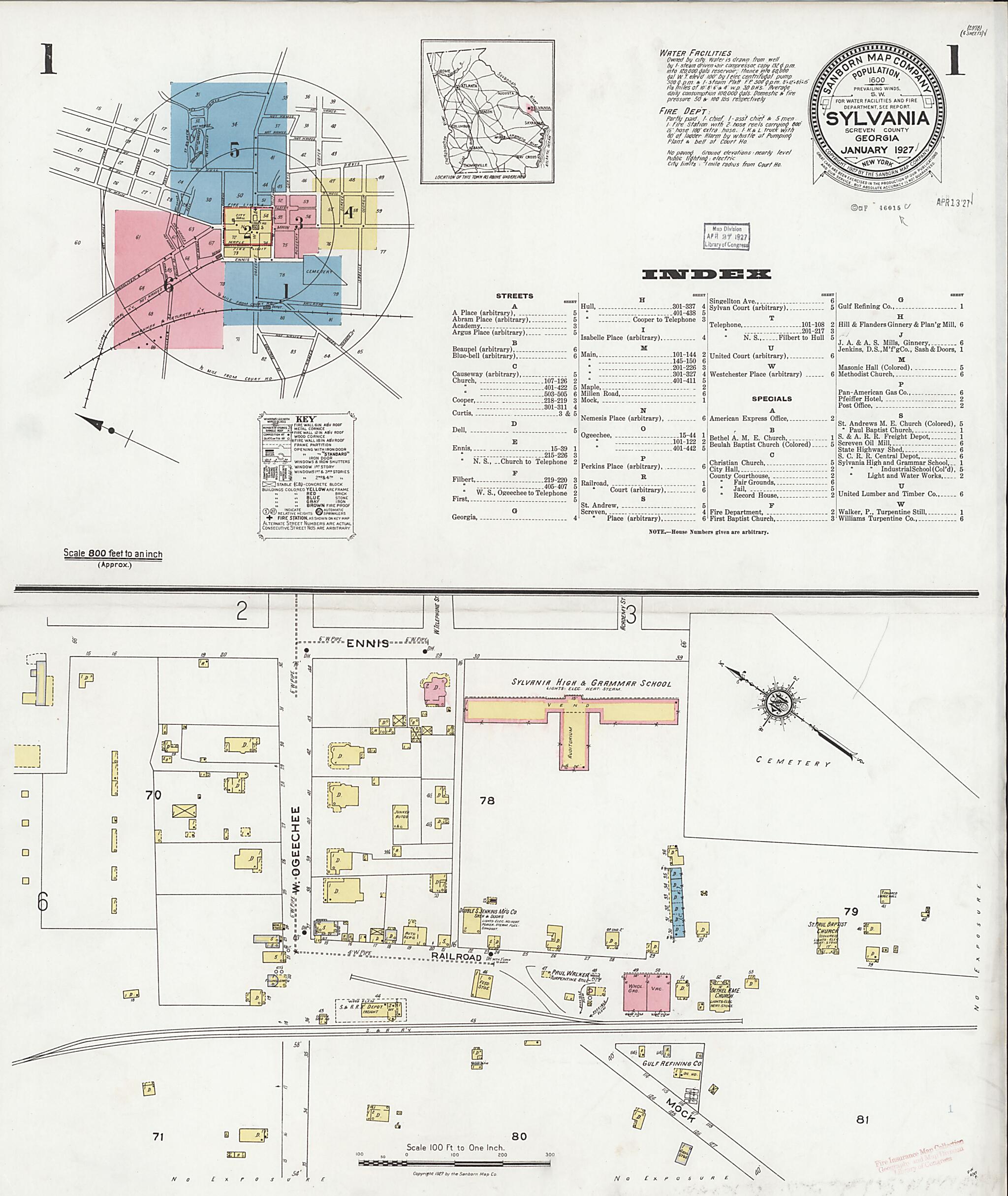 This old map of Sylvania, Screven County, Georgia was created by Sanborn Map Company in 1927