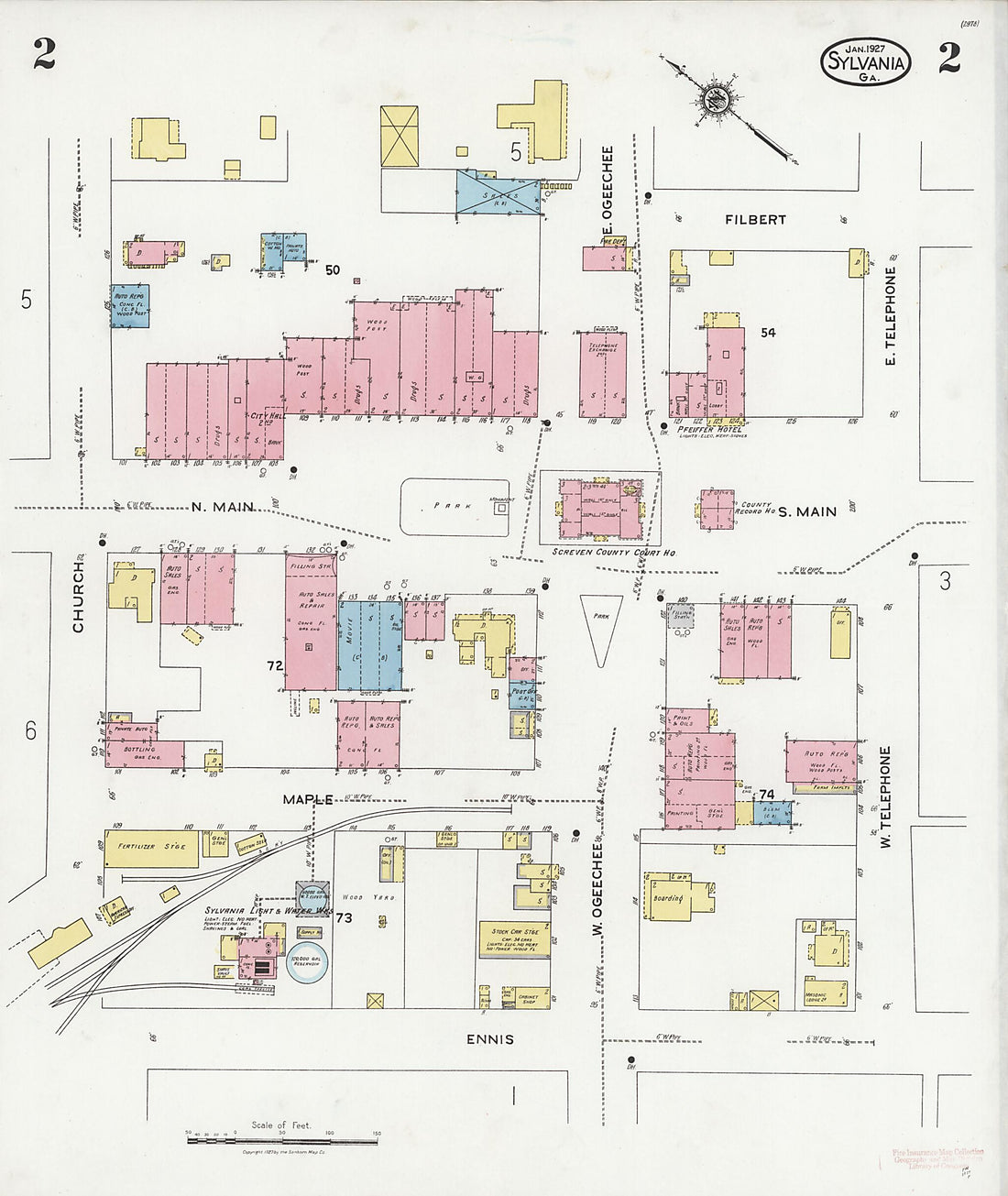 This old map of Sylvania, Screven County, Georgia was created by Sanborn Map Company in 1927