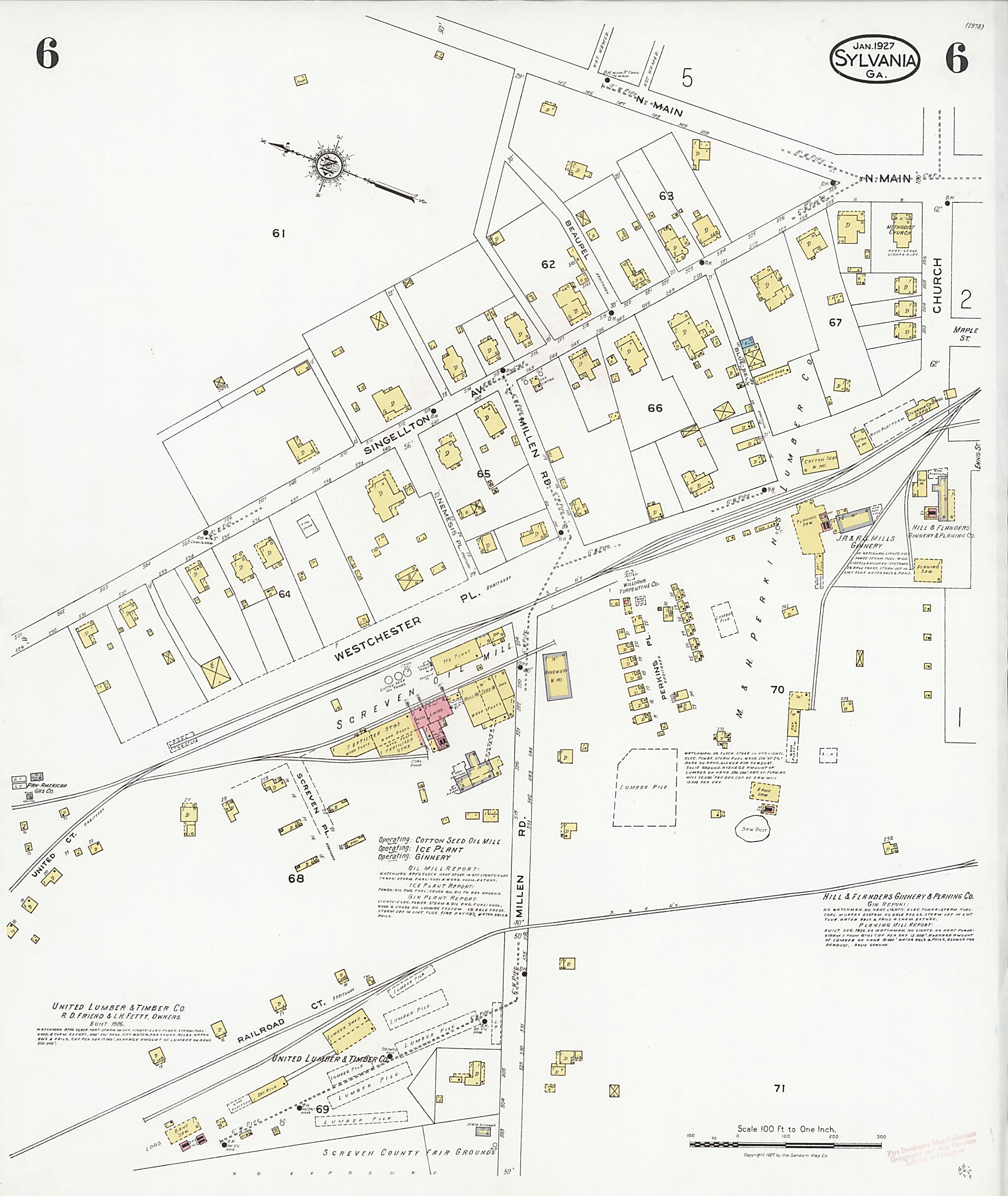 This old map of Sylvania, Screven County, Georgia was created by Sanborn Map Company in 1927