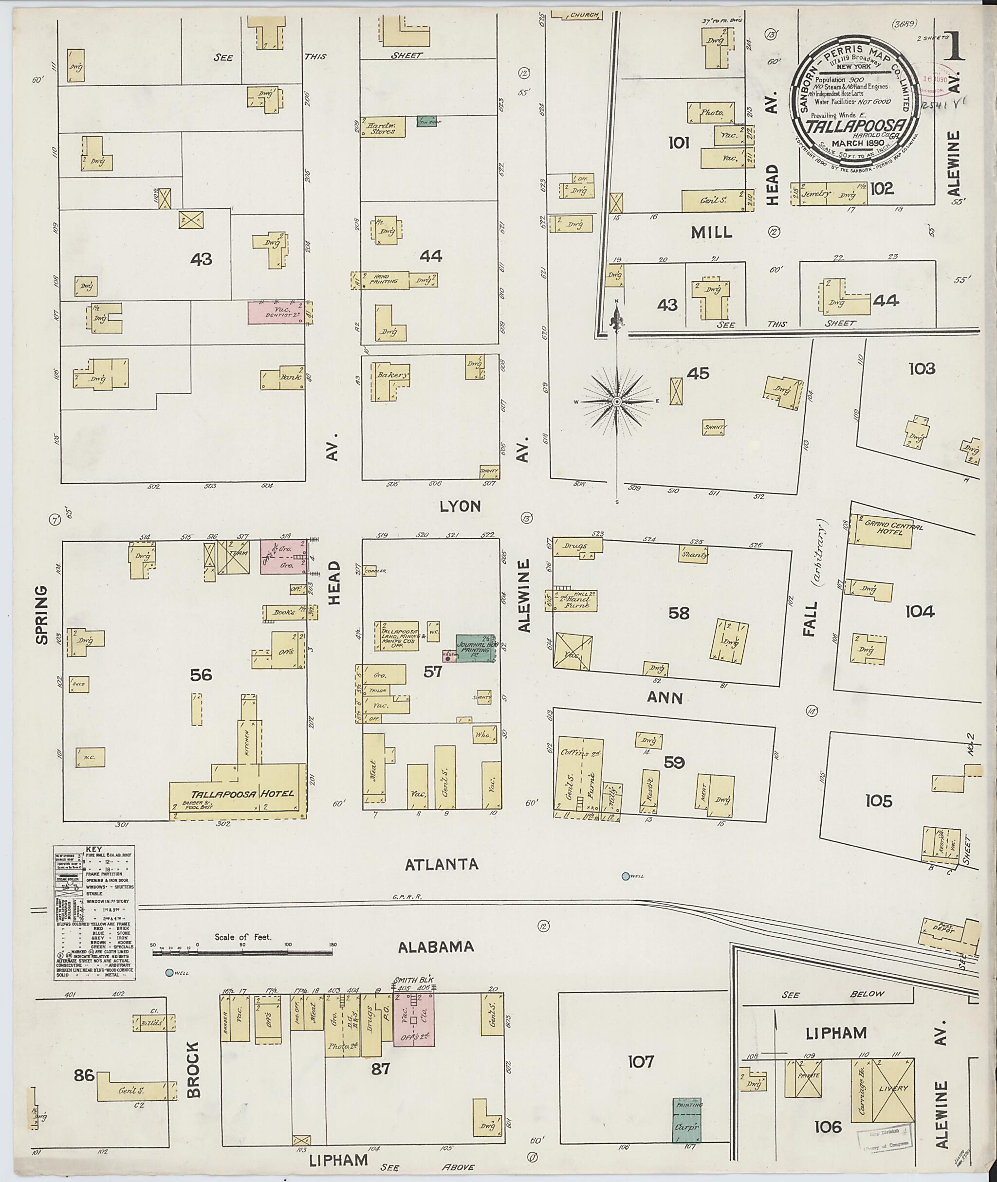 This old map of Tallapoosa, Haralson County, Georgia was created by Sanborn Map Company in 1890