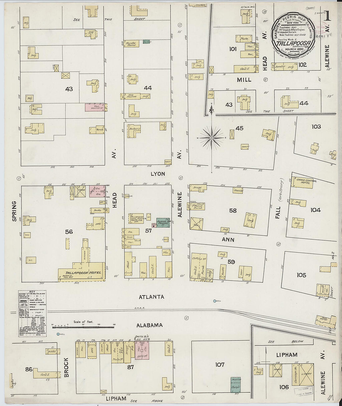 This old map of Tallapoosa, Haralson County, Georgia was created by Sanborn Map Company in 1890