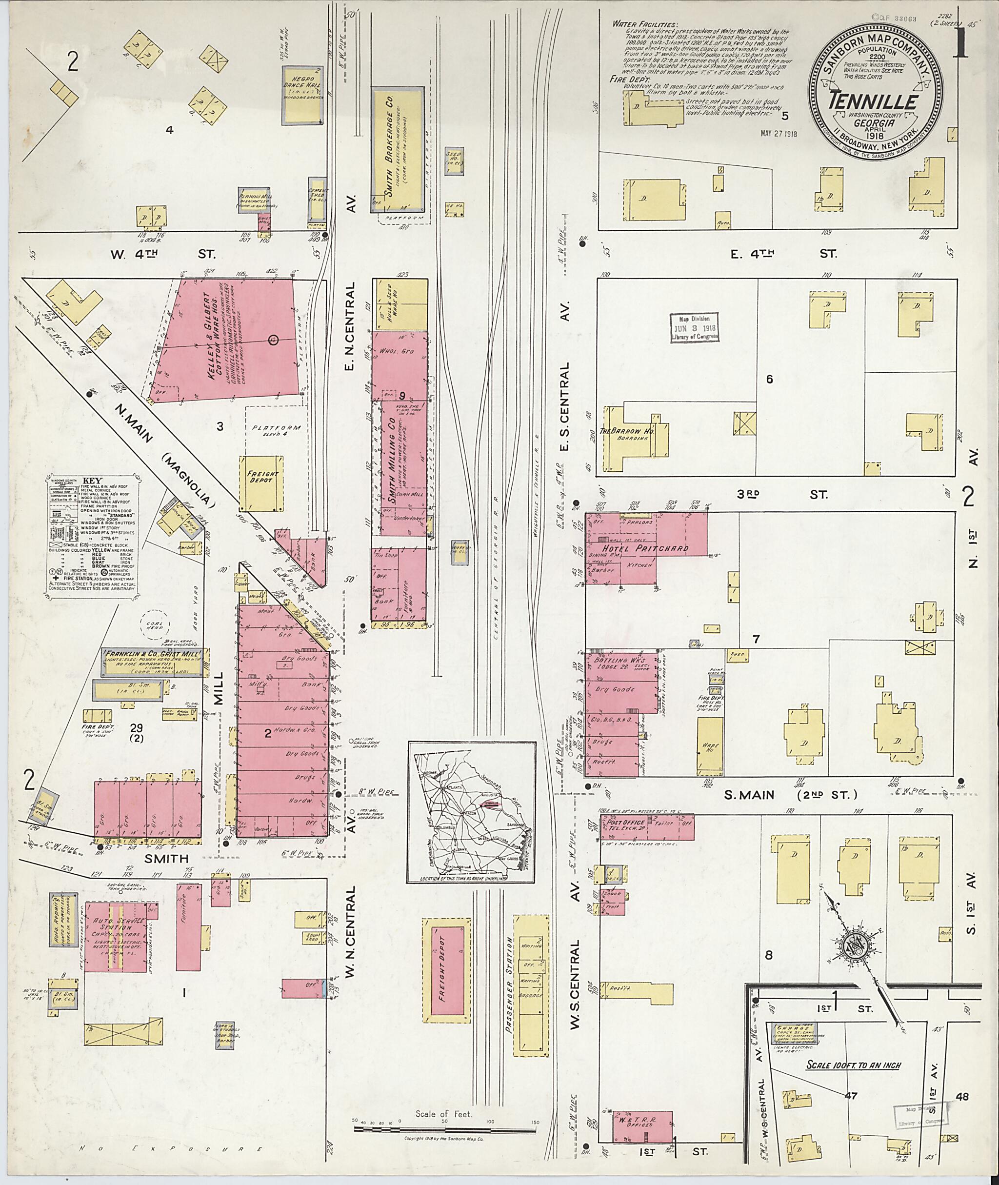 This old map of Tennille, Washington County, Georgia was created by Sanborn Map Company in 1918