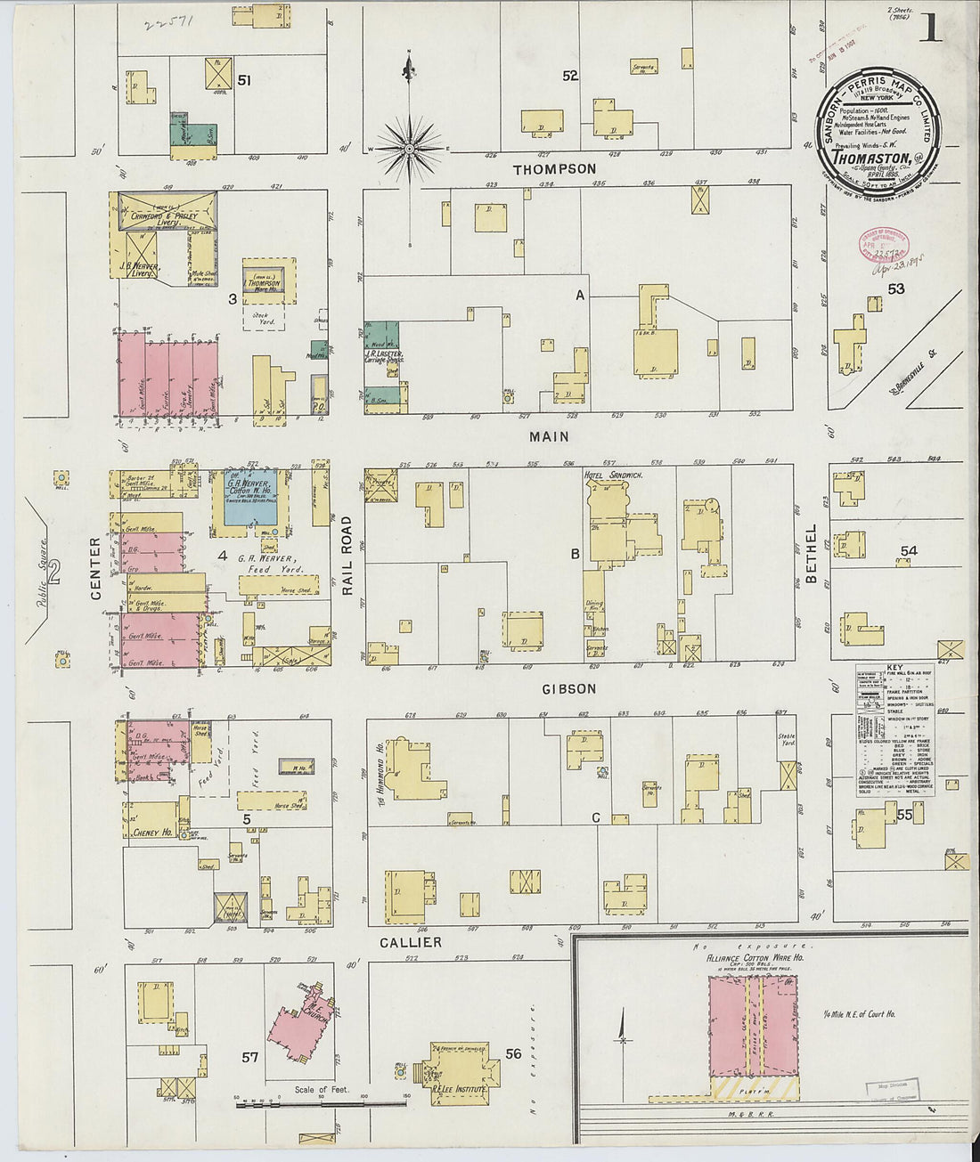 This old map of Thomaston, Upson County, Georgia was created by Sanborn Map Company in 1890