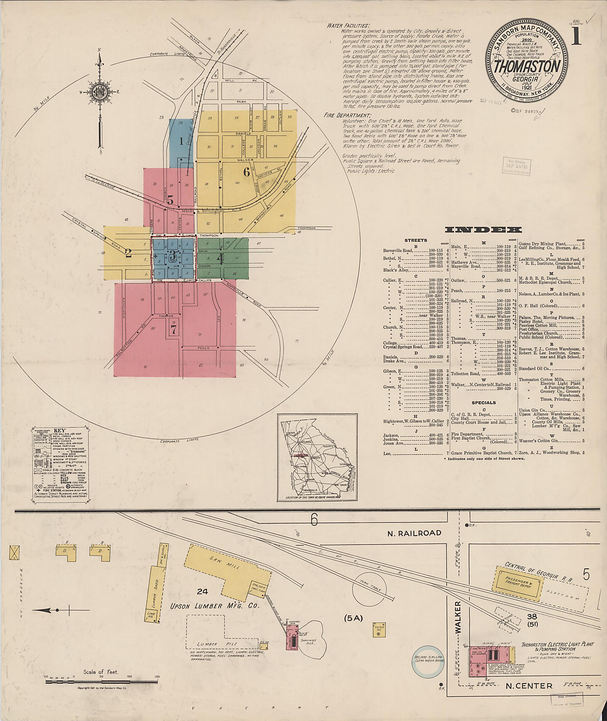 This old map of Thomaston, Upson County, Georgia was created by Sanborn Map Company in 1921