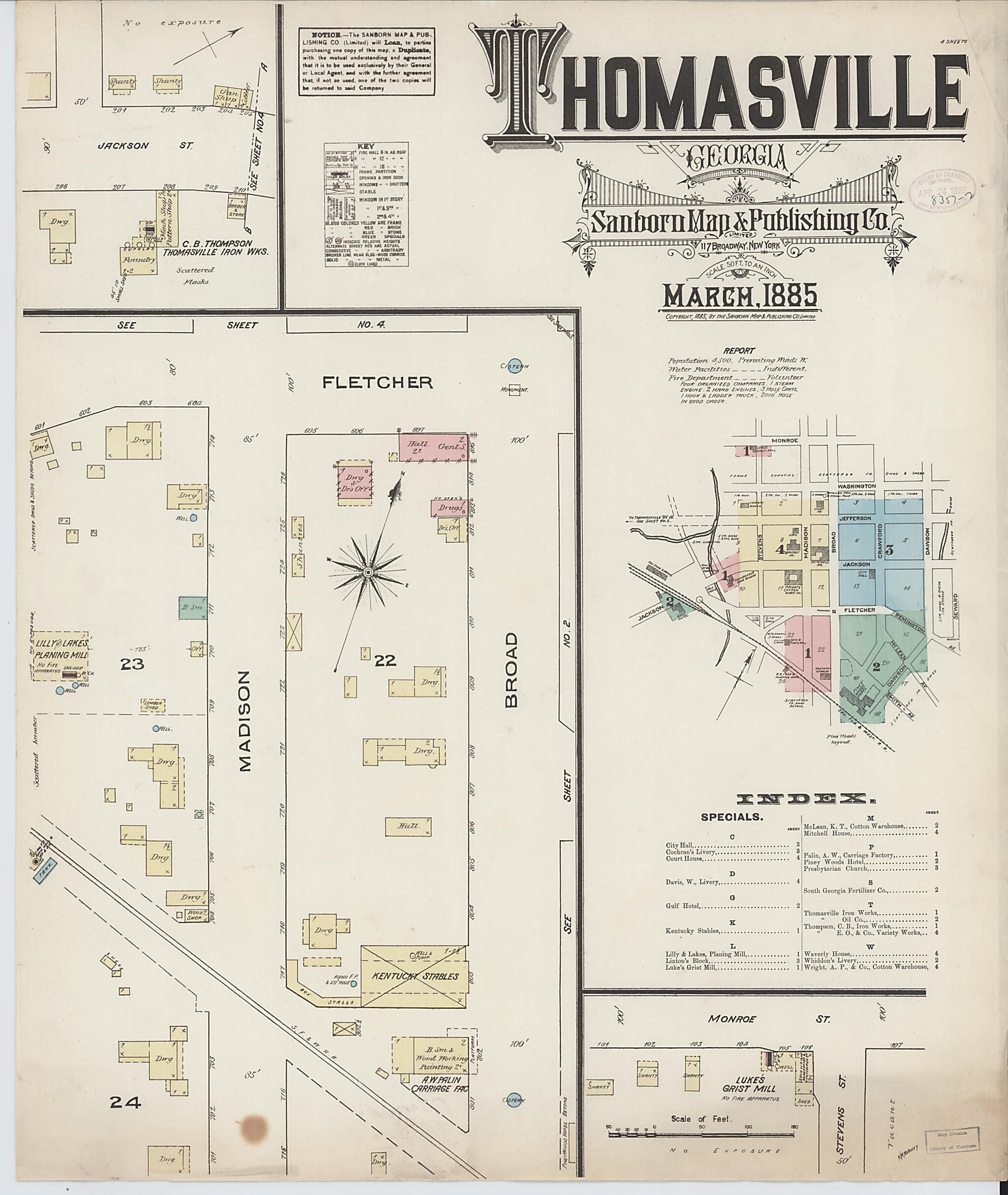 This old map of Thomasville, Thomas County, Georgia was created by Sanborn Map Company in 1885