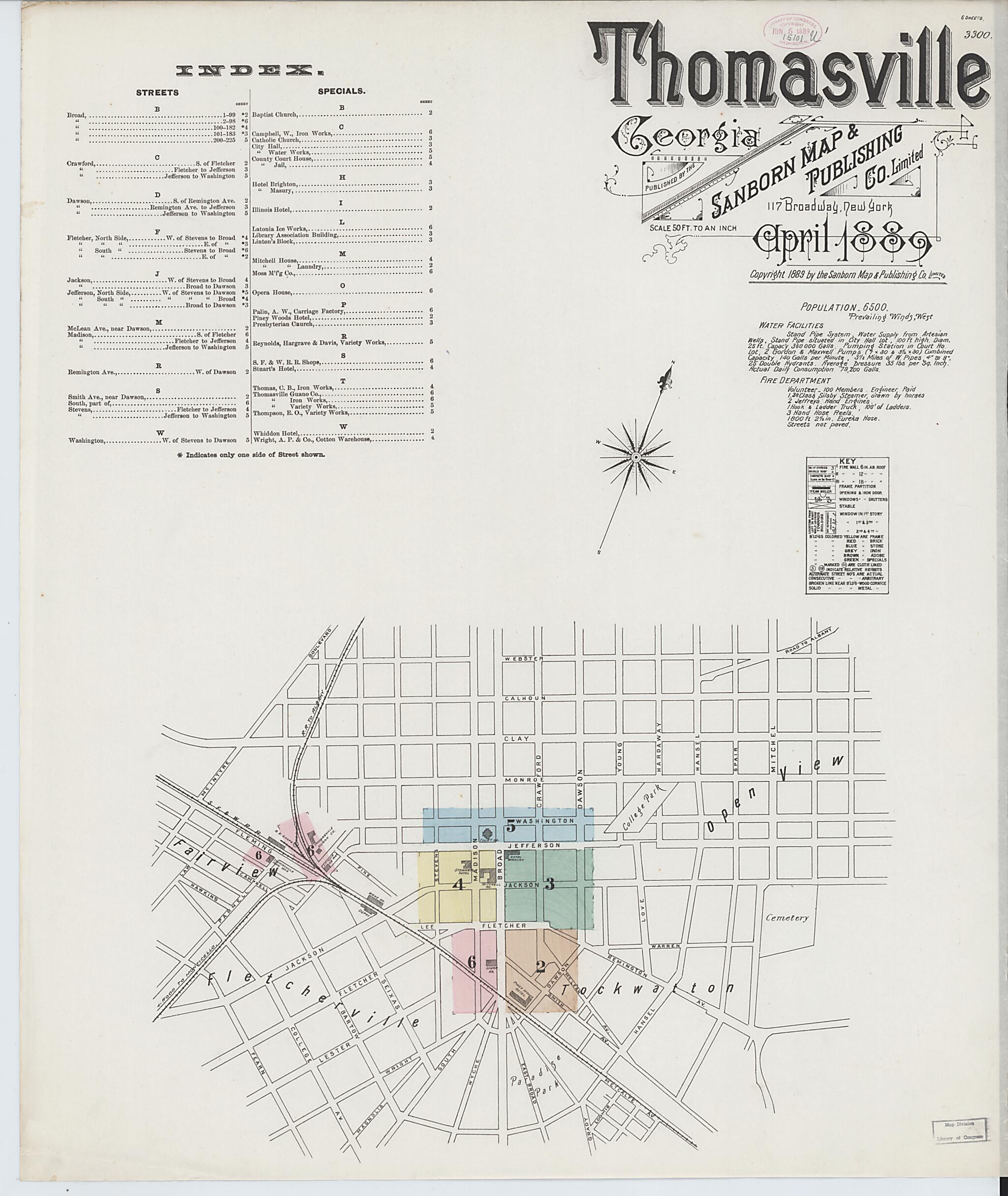This old map of Thomasville, Thomas County, Georgia was created by Sanborn Map Company in 1889