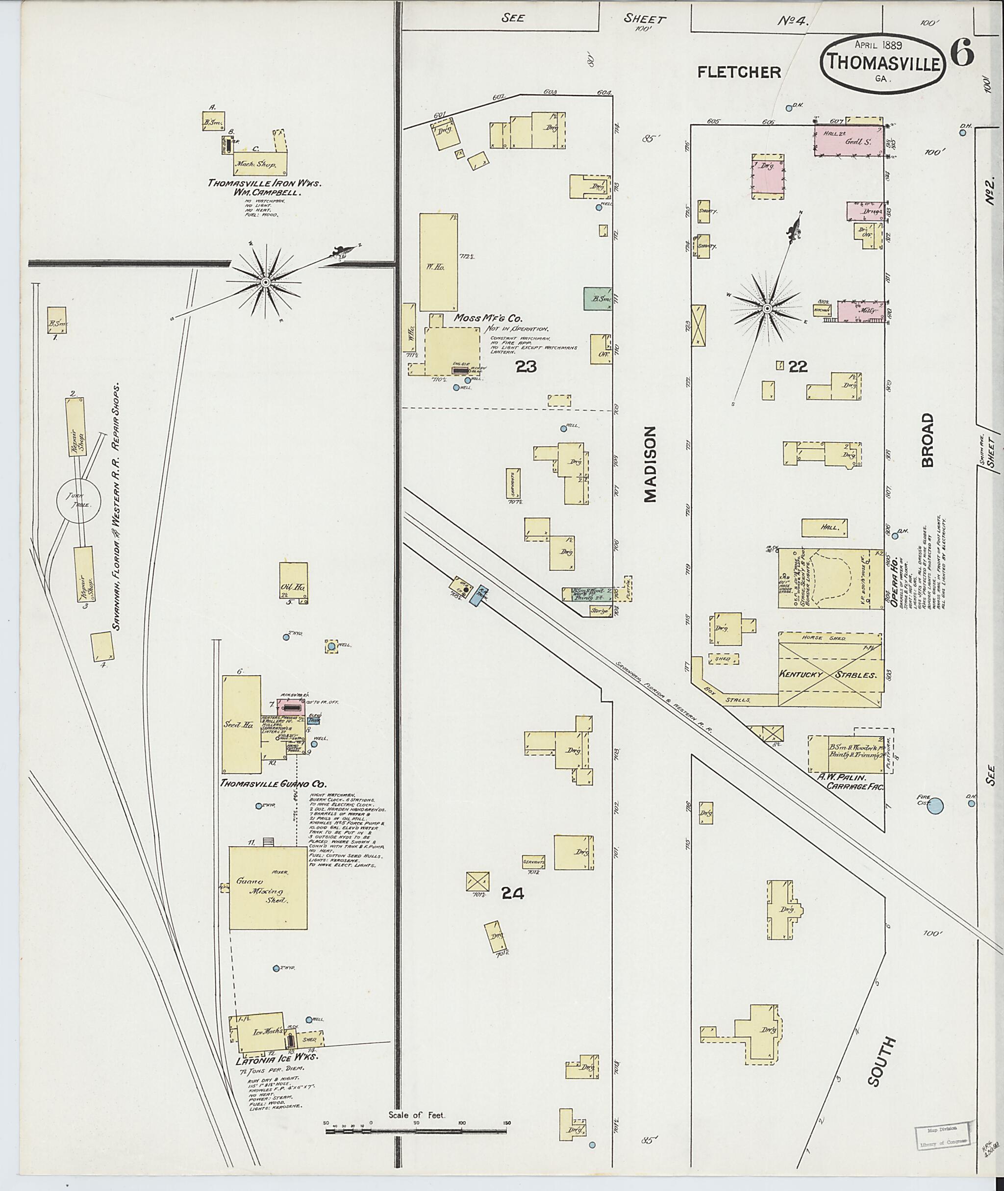 This old map of Thomasville, Thomas County, Georgia was created by Sanborn Map Company in 1889