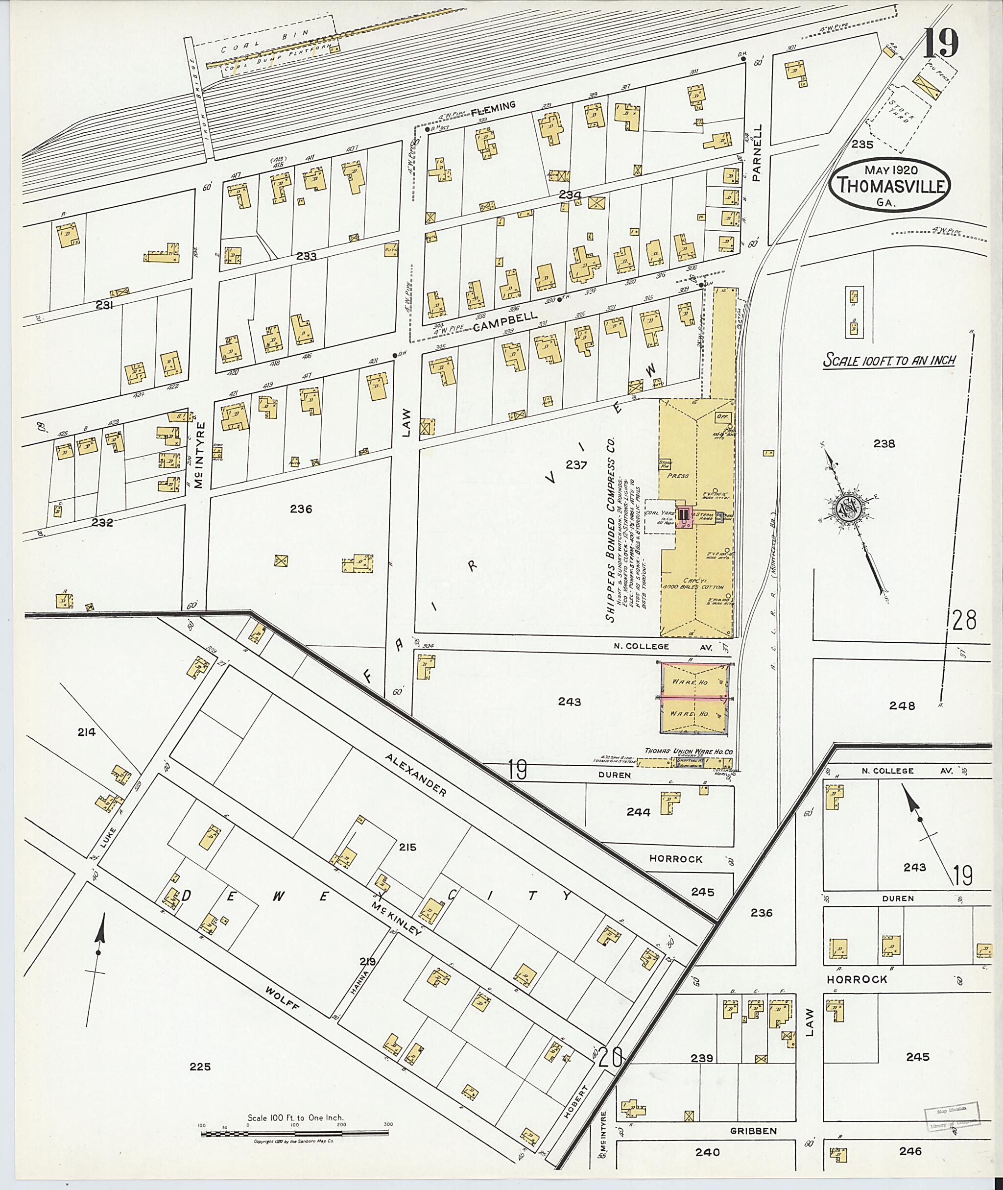 This old map of Thomasville, Thomas County, Georgia was created by Sanborn Map Company in 1920
