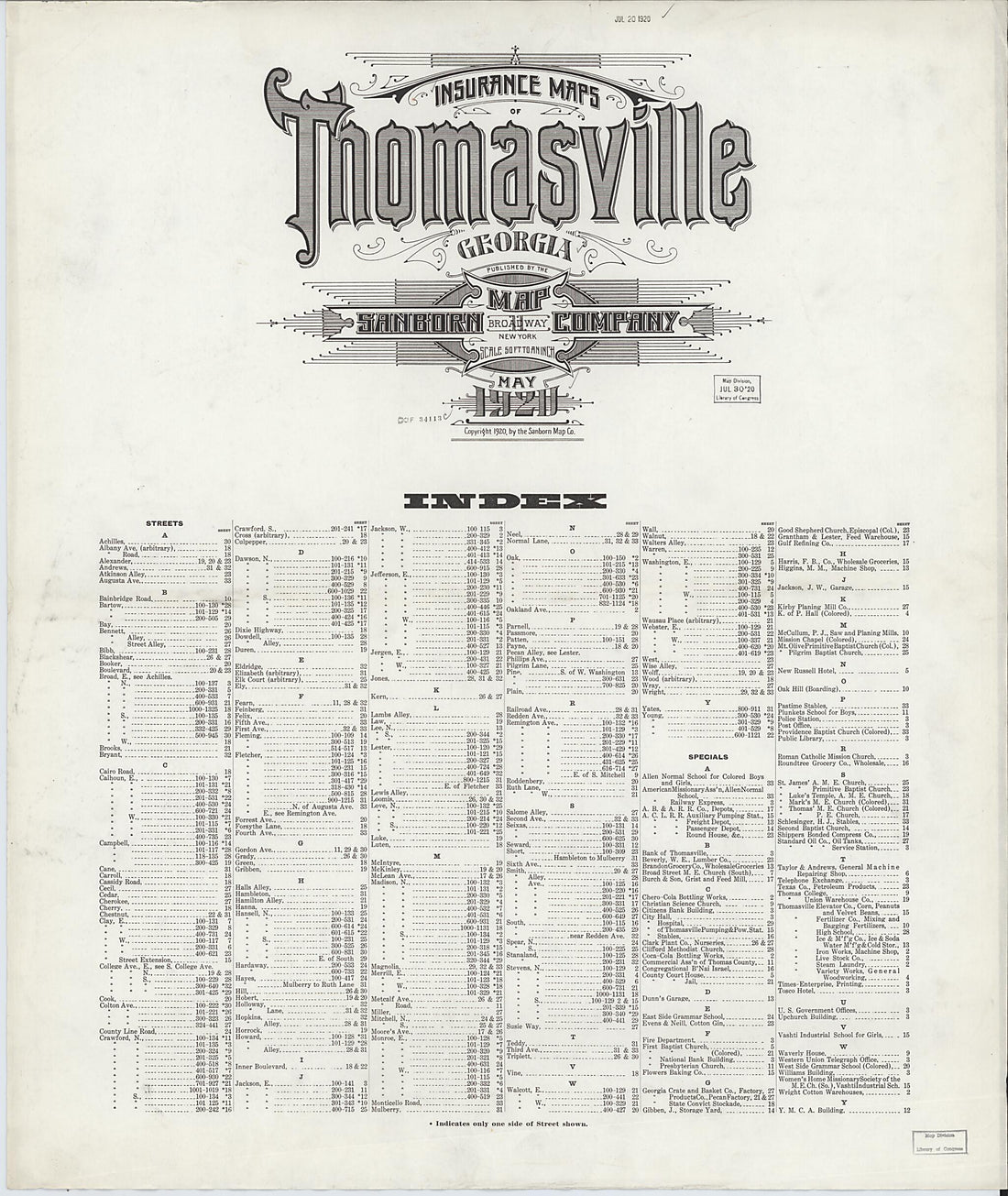 This old map of Thomasville, Thomas County, Georgia was created by Sanborn Map Company in 1920