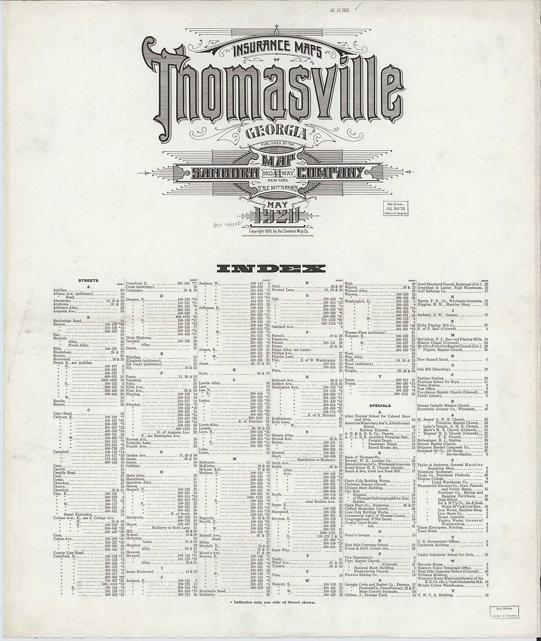 This old map of Thomasville, Thomas County, Georgia was created by Sanborn Map Company in 1920