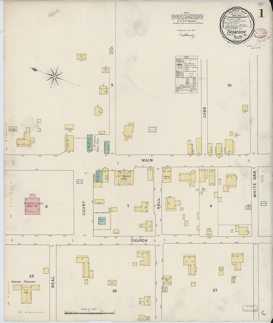This old map of Thomson, McDuffie County, Georgia was created by Sanborn Map Company in 1895