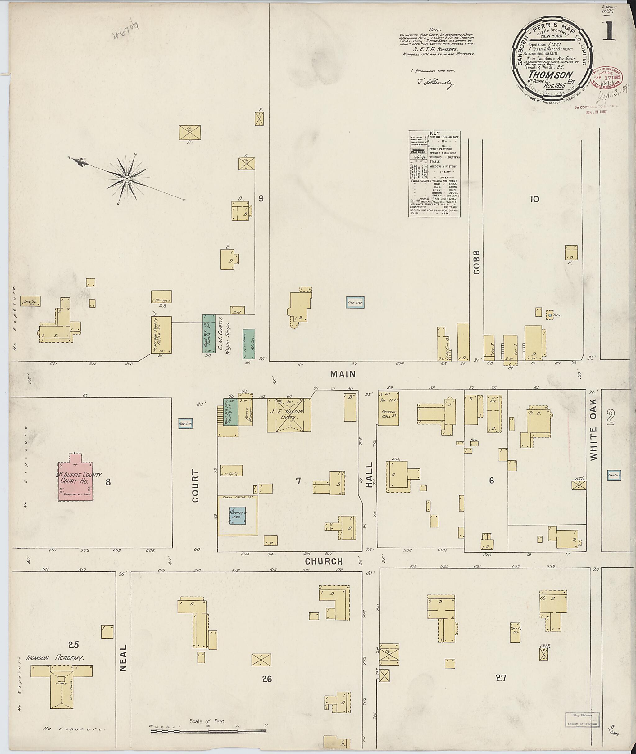 This old map of Thomson, McDuffie County, Georgia was created by Sanborn Map Company in 1895