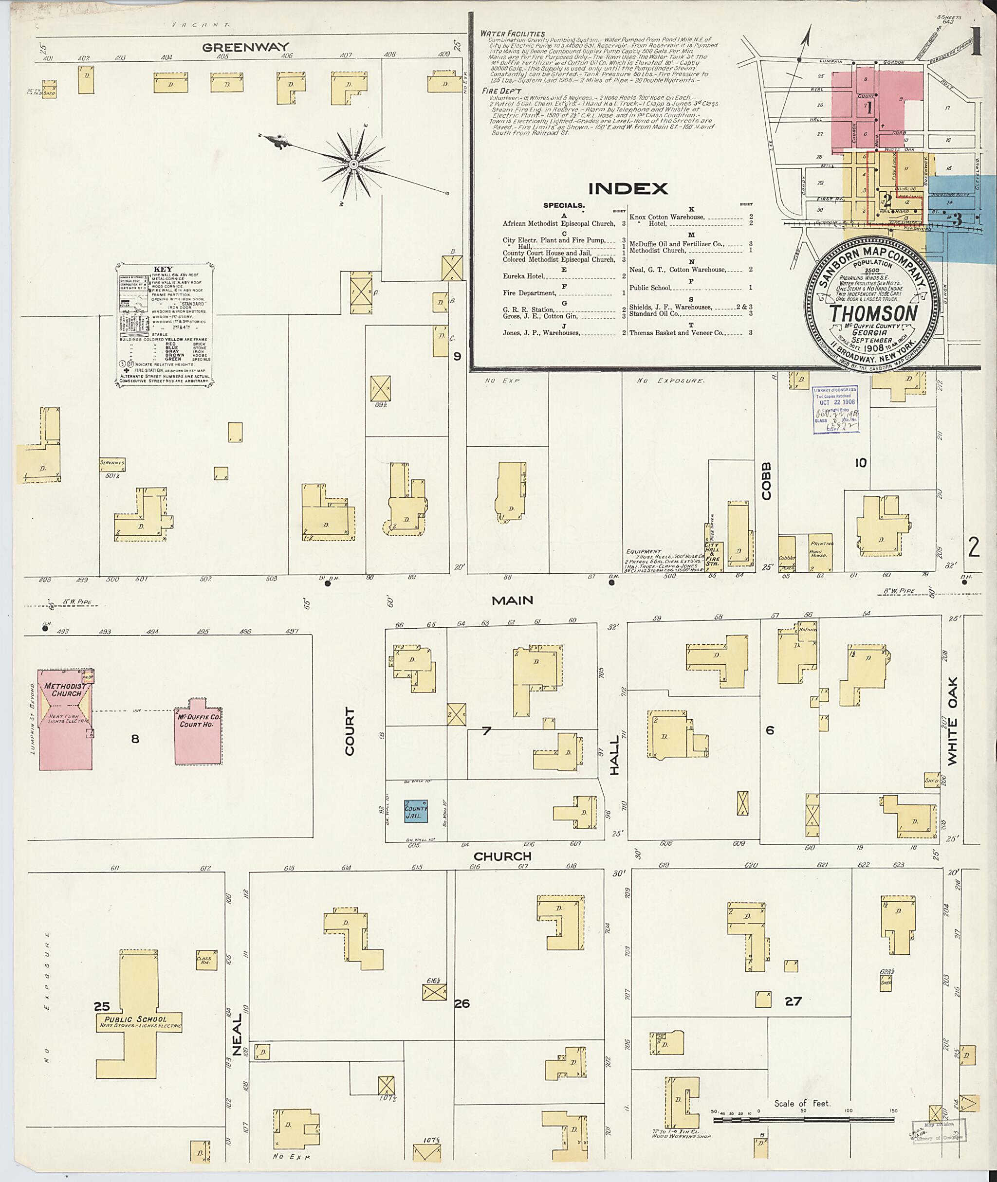 This old map of Thomson, McDuffie County, Georgia was created by Sanborn Map Company in 1908