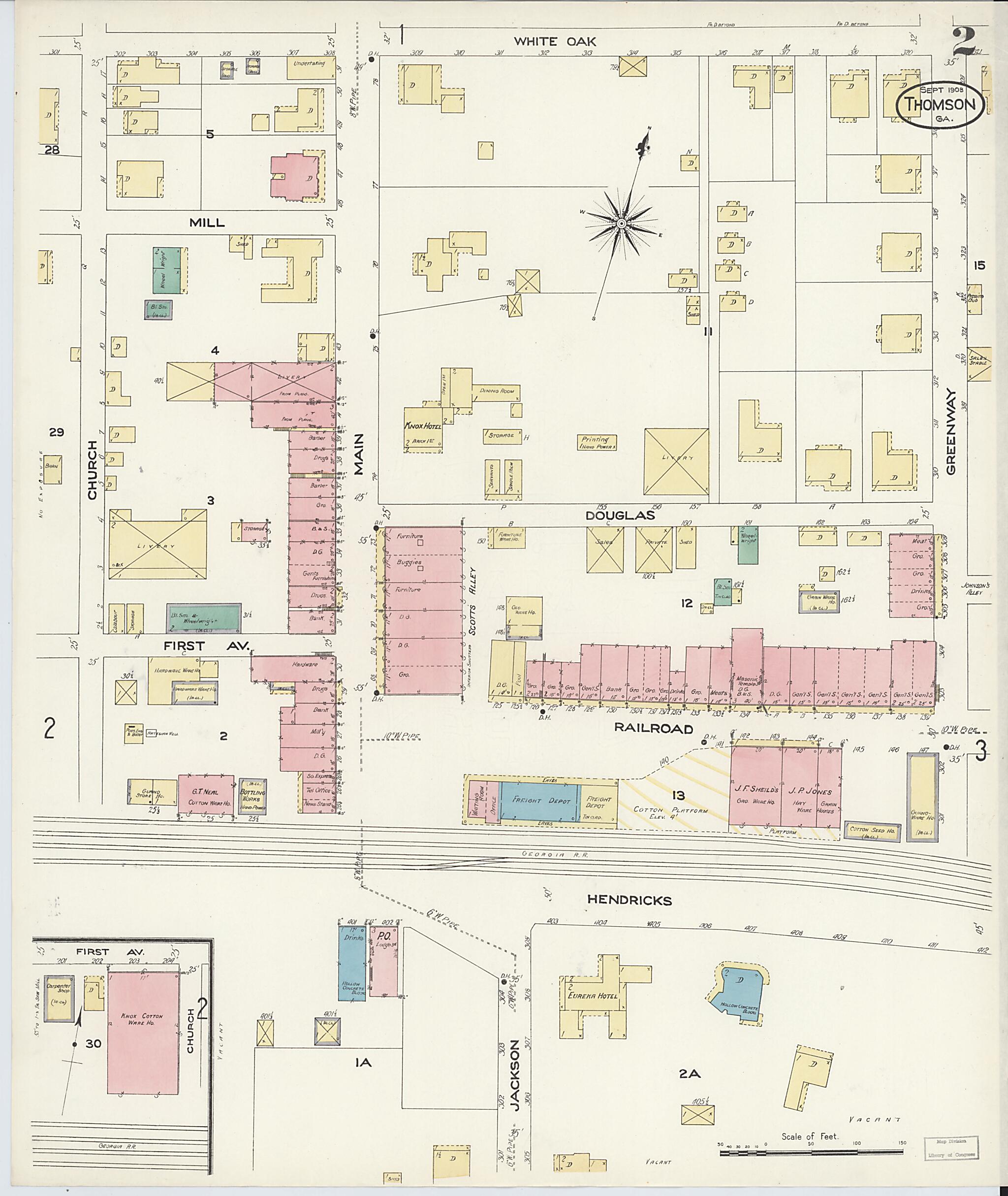 This old map of Thomson, McDuffie County, Georgia was created by Sanborn Map Company in 1908