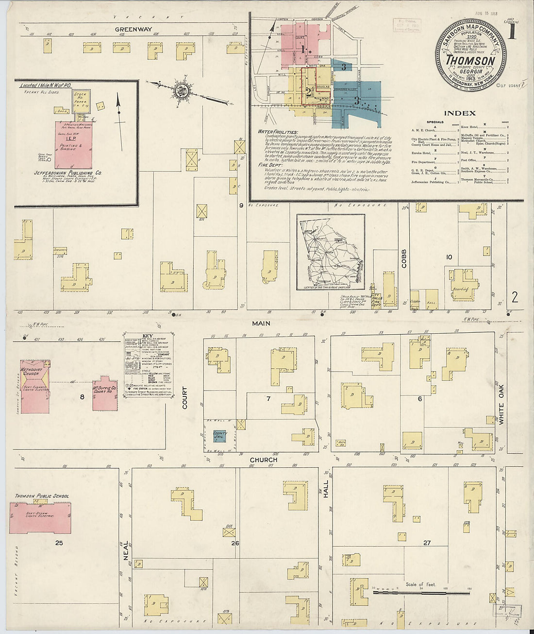 This old map of Thomson, McDuffie County, Georgia was created by Sanborn Map Company in 1913