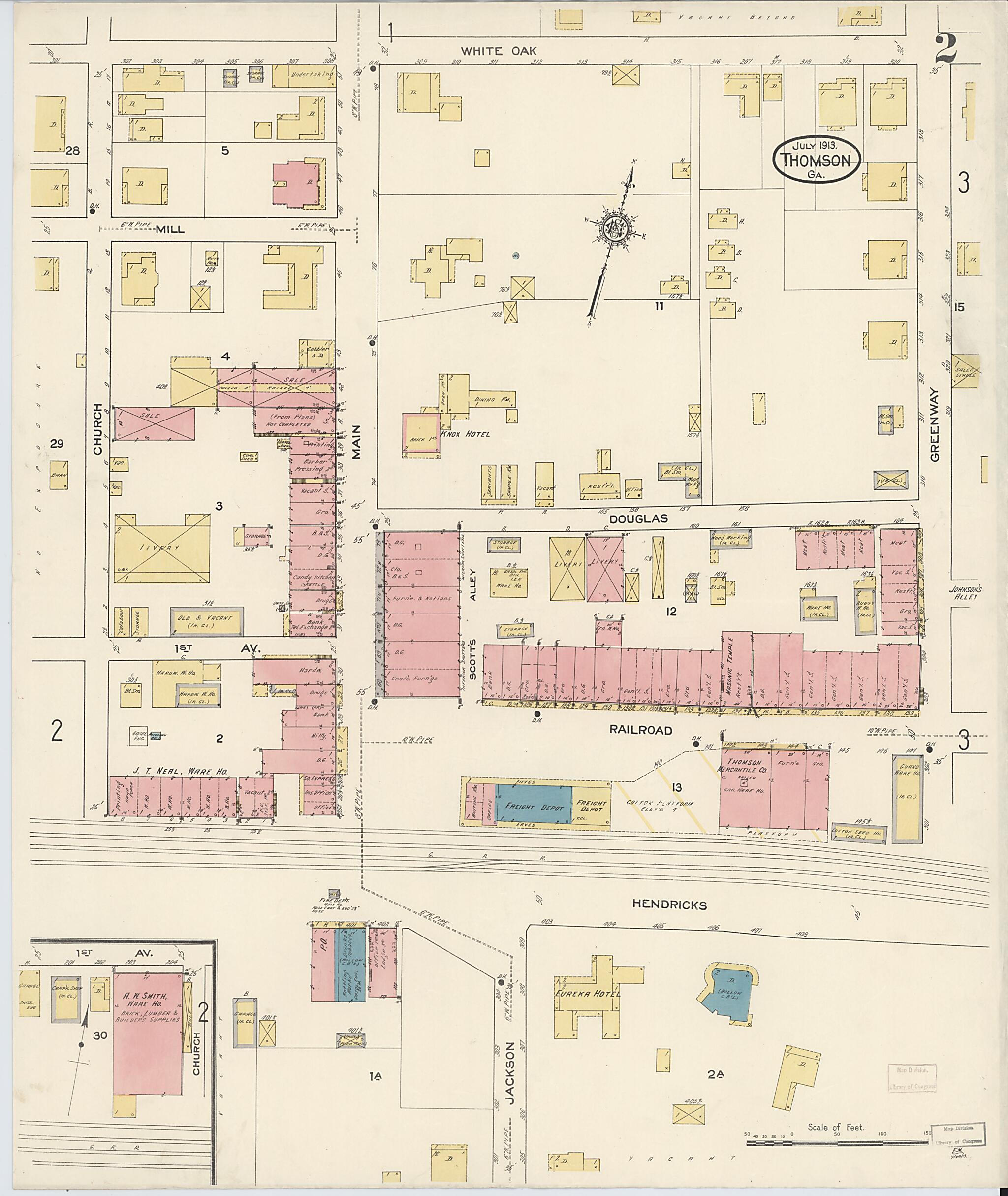 This old map of Thomson, McDuffie County, Georgia was created by Sanborn Map Company in 1913