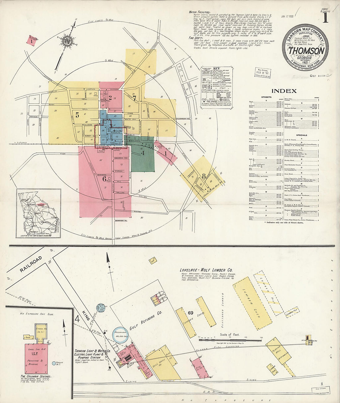 This old map of Thomson, McDuffie County, Georgia was created by Sanborn Map Company in 1921