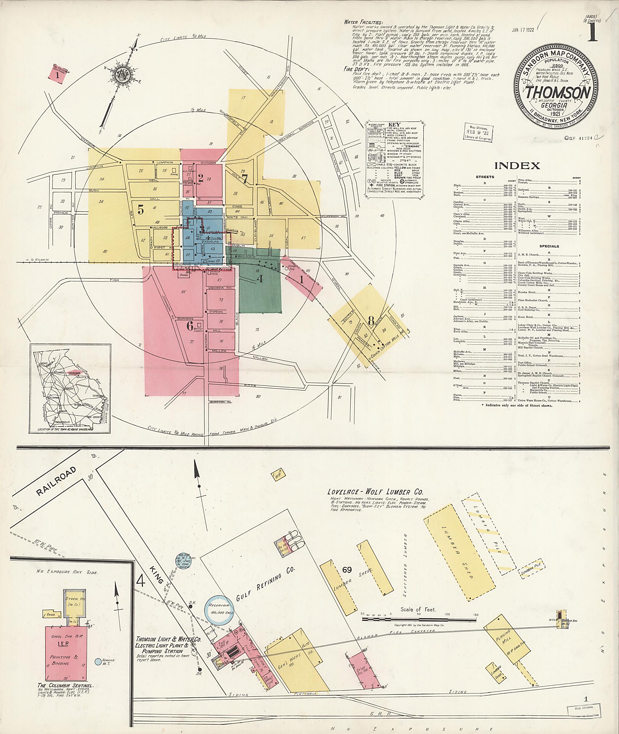 This old map of Thomson, McDuffie County, Georgia was created by Sanborn Map Company in 1921