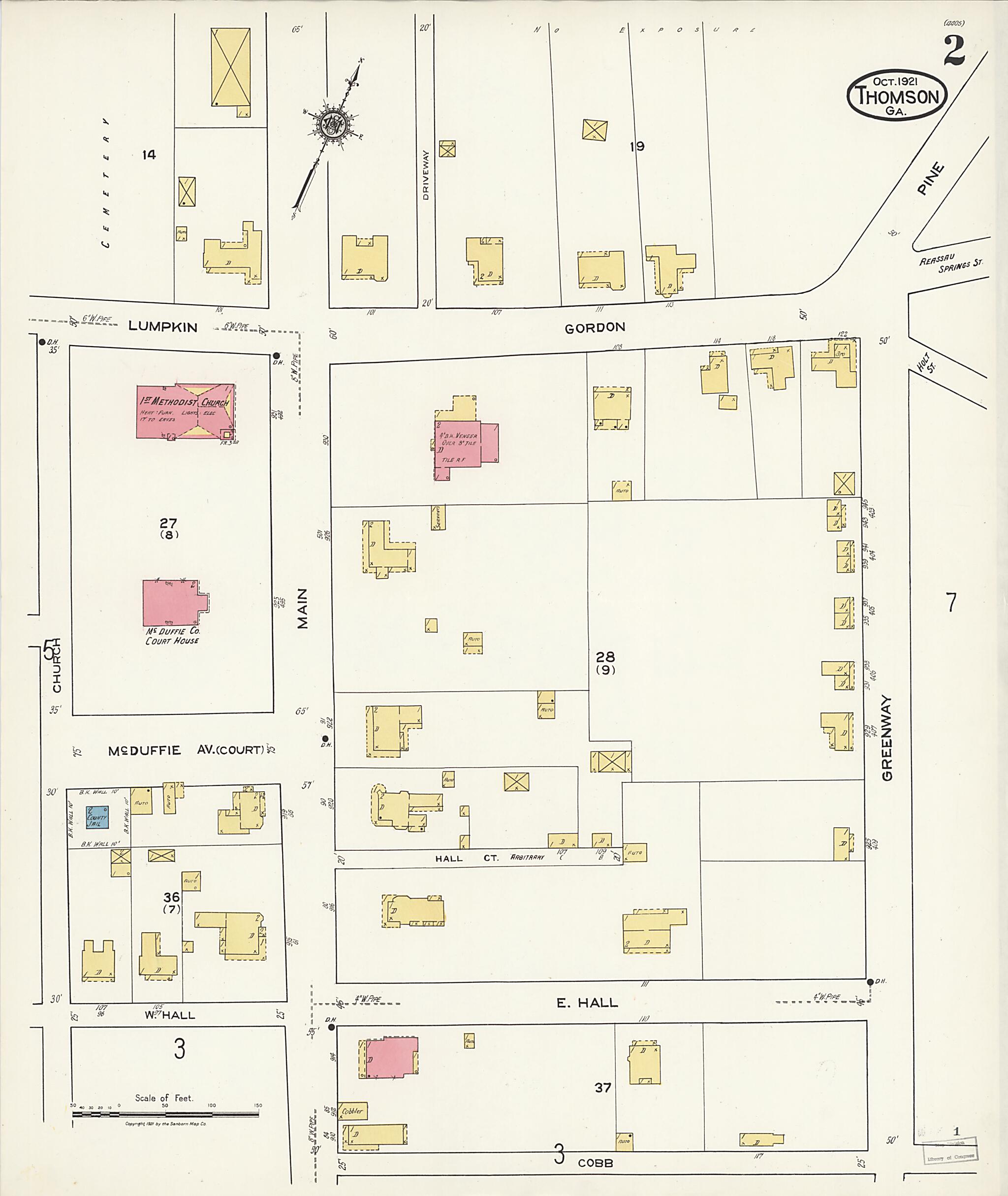 This old map of Thomson, McDuffie County, Georgia was created by Sanborn Map Company in 1921