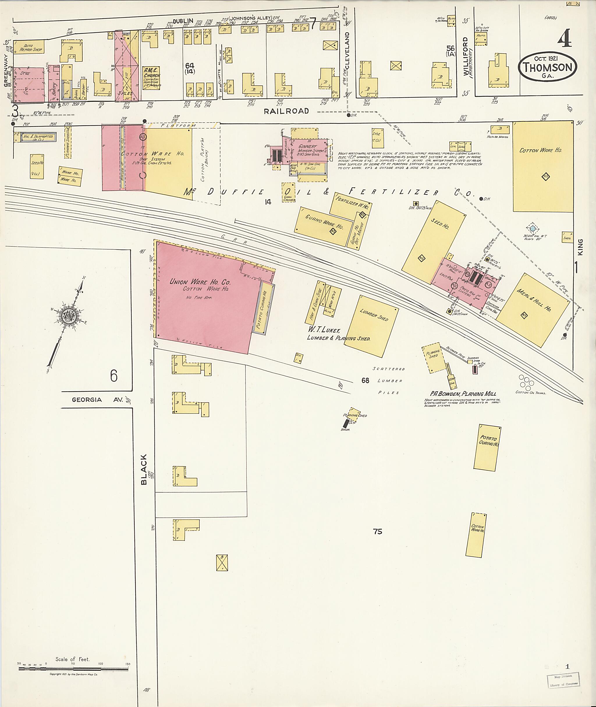 This old map of Thomson, McDuffie County, Georgia was created by Sanborn Map Company in 1921