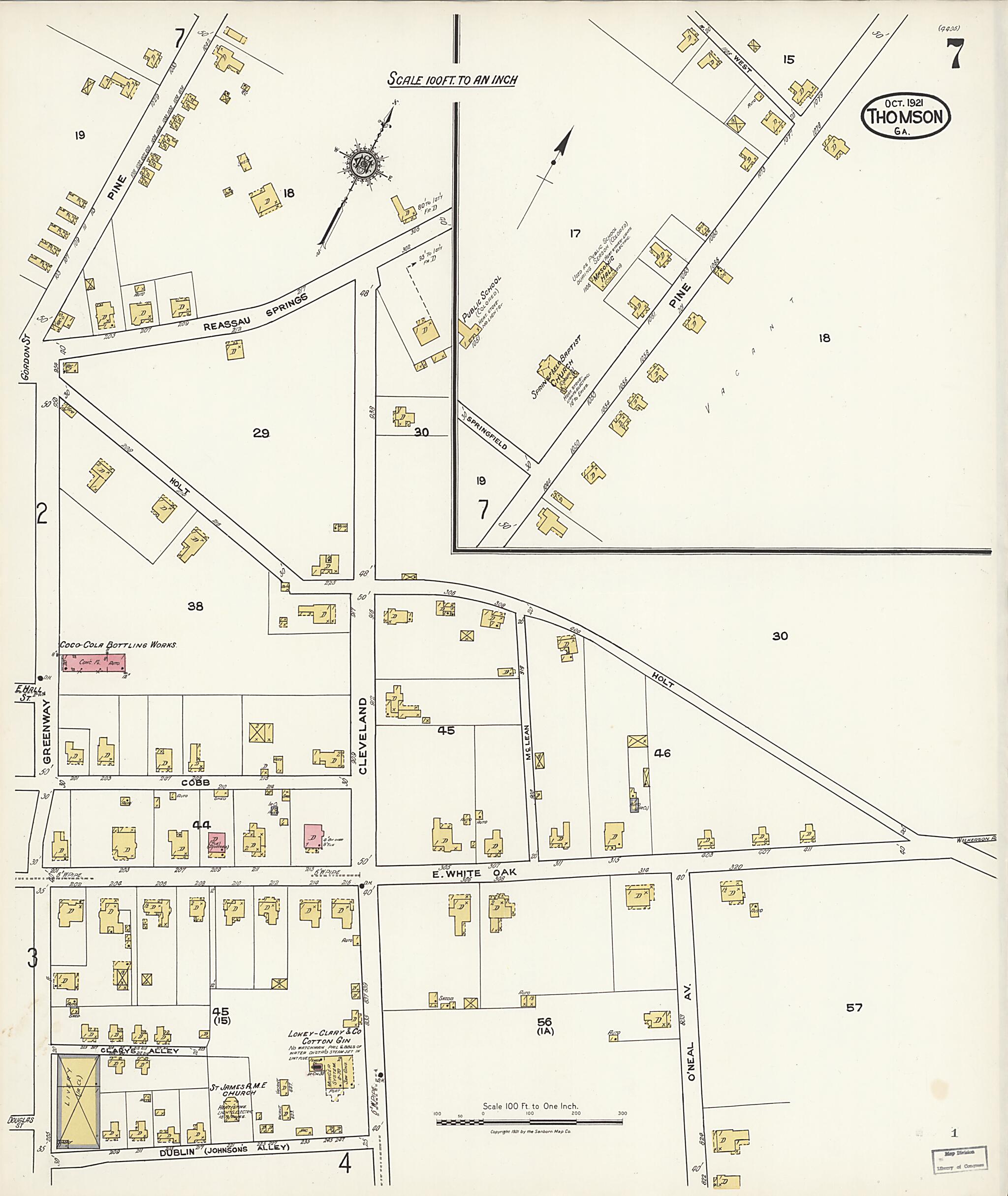 This old map of Thomson, McDuffie County, Georgia was created by Sanborn Map Company in 1921