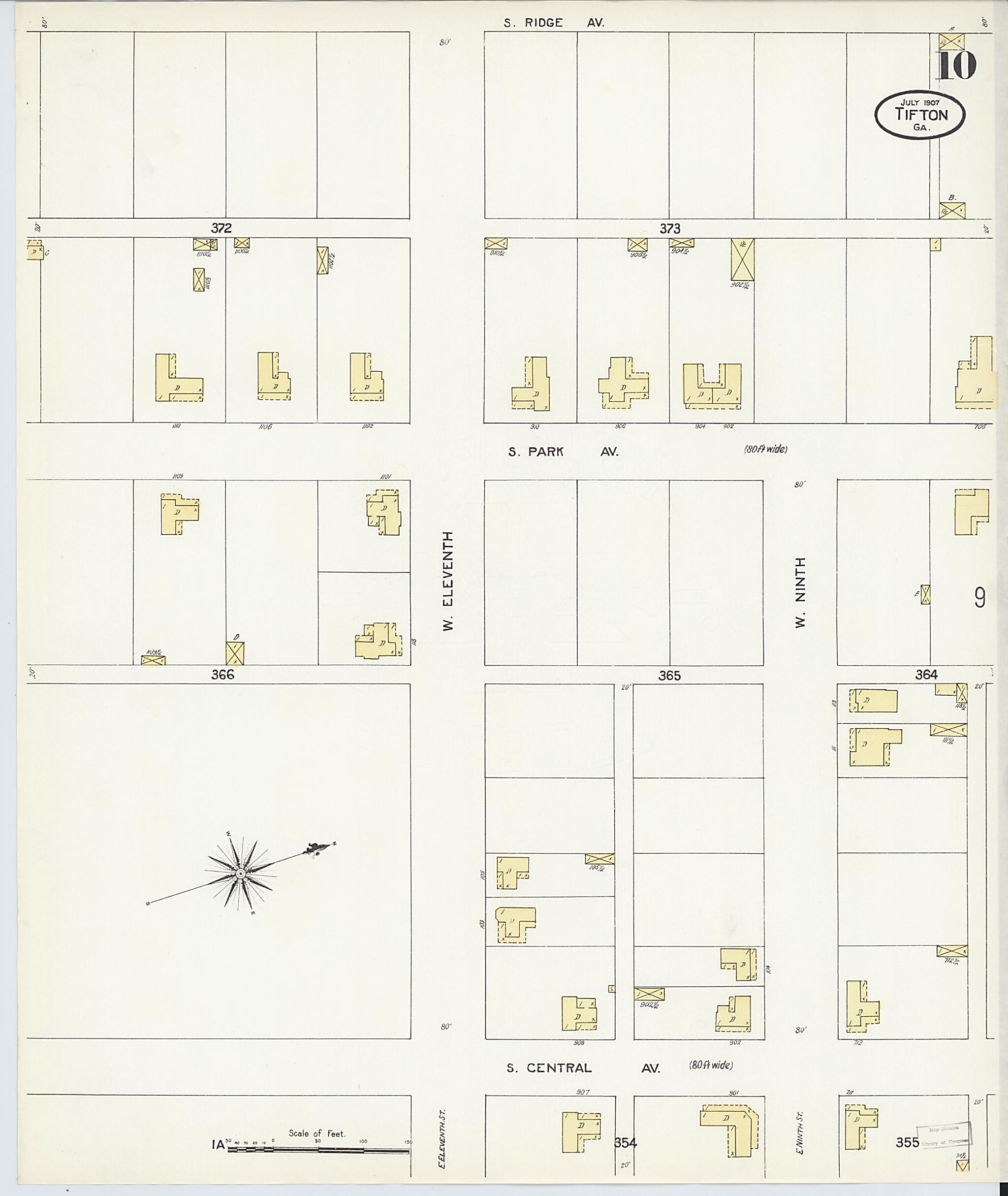 This old map of Tifton, Tift County, Georgia was created by Sanborn Map Company in 1907