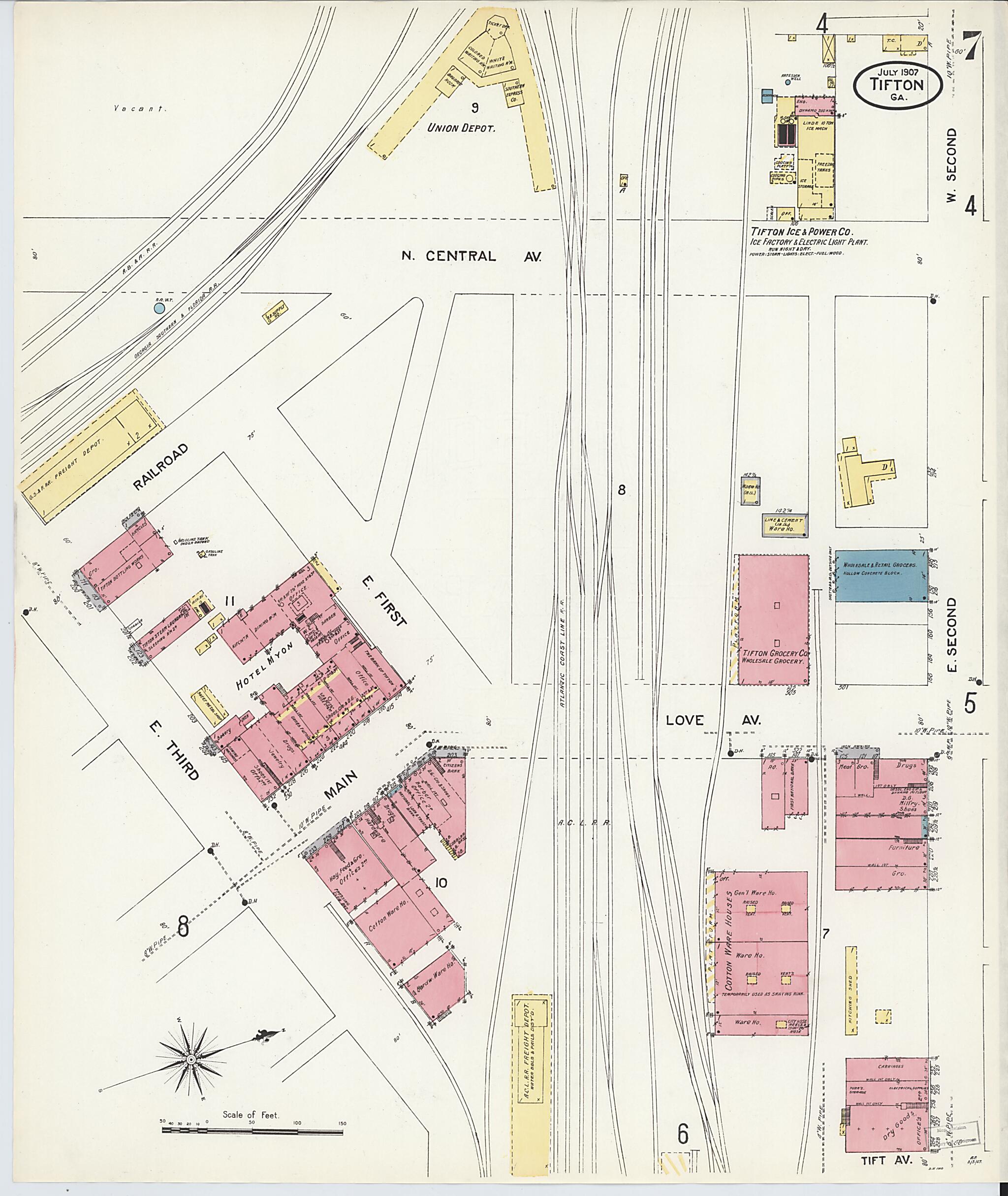 This old map of Tifton, Tift County, Georgia was created by Sanborn Map Company in 1907