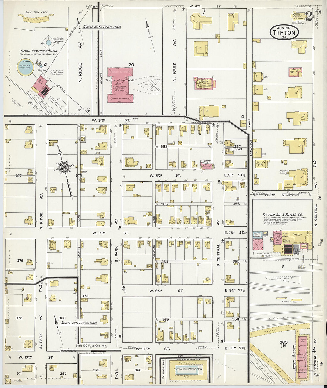 This old map of Tifton, Tift County, Georgia was created by Sanborn Map Company in 1917