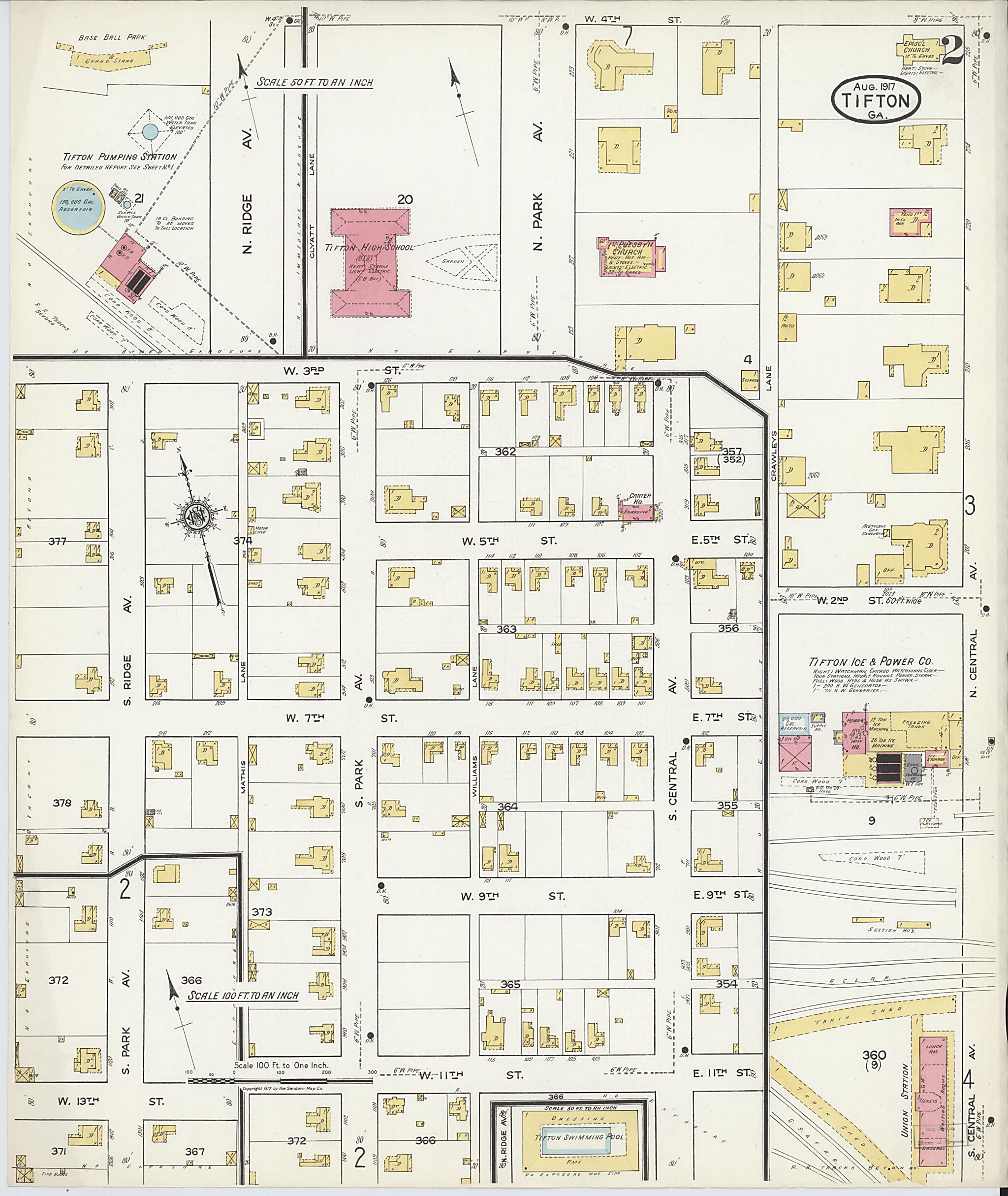This old map of Tifton, Tift County, Georgia was created by Sanborn Map Company in 1917