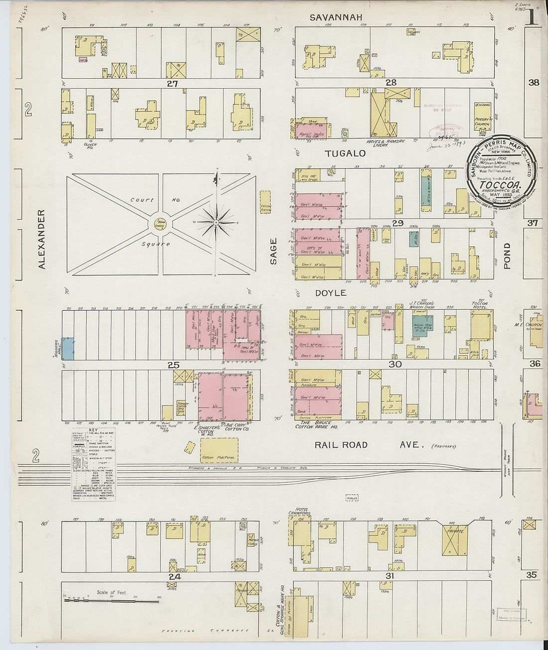 This old map of Toccoa, Stephens County, Georgia was created by Sanborn Map Company in 1893