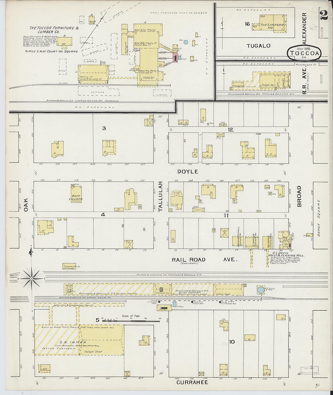 This old map of Toccoa, Stephens County, Georgia was created by Sanborn Map Company in 1893