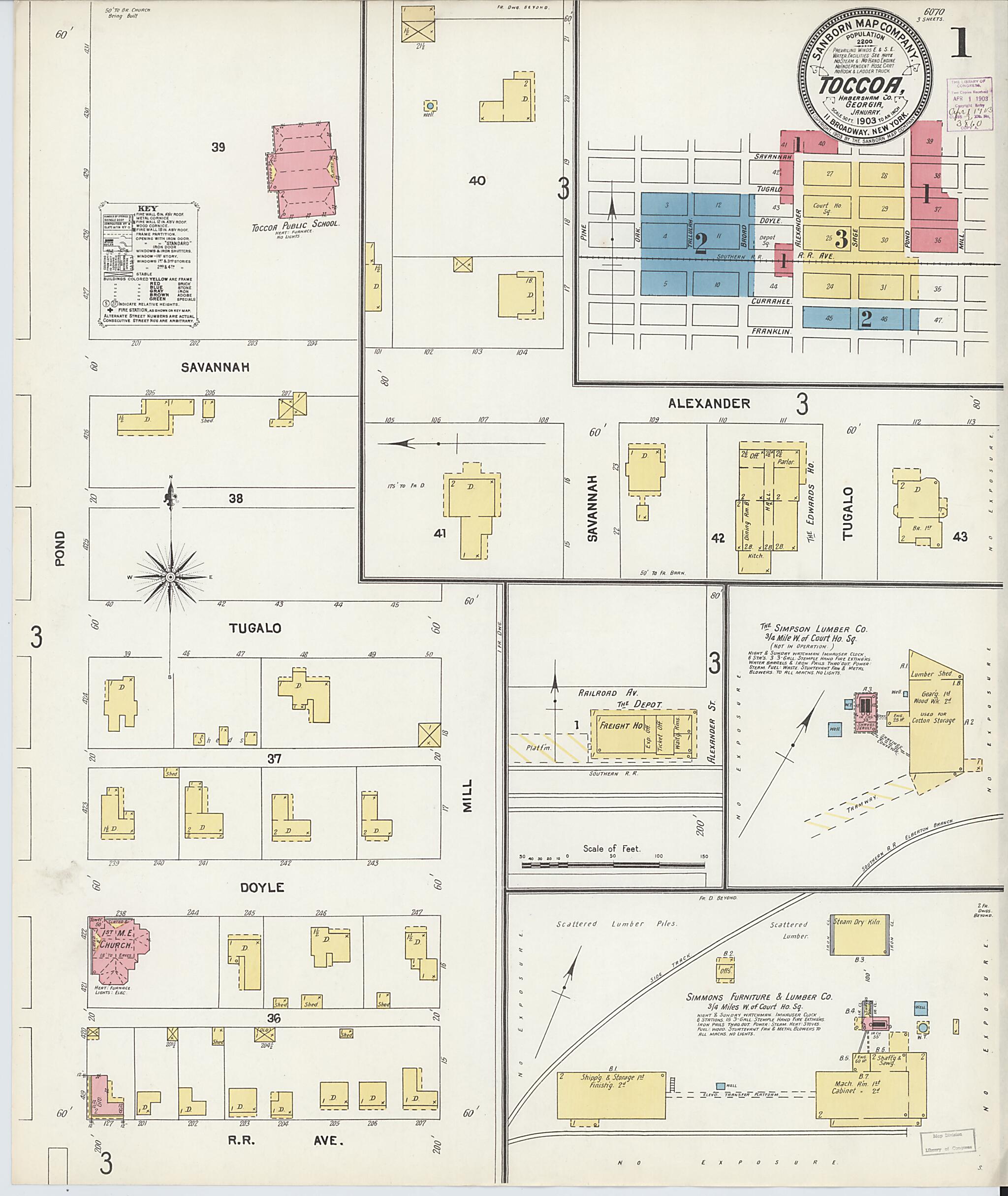 This old map of Toccoa, Stephens County, Georgia was created by Sanborn Map Company in 1903