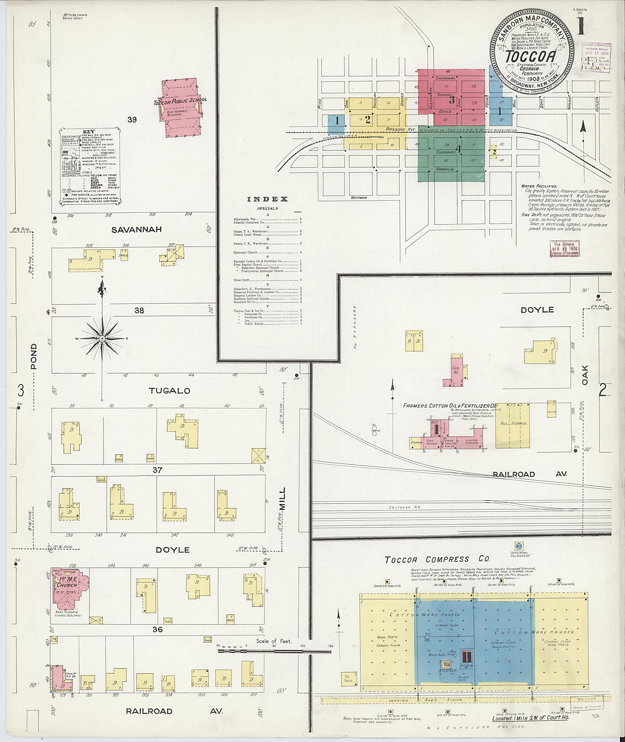 This old map of Toccoa, Stephens County, Georgia was created by Sanborn Map Company in 1908