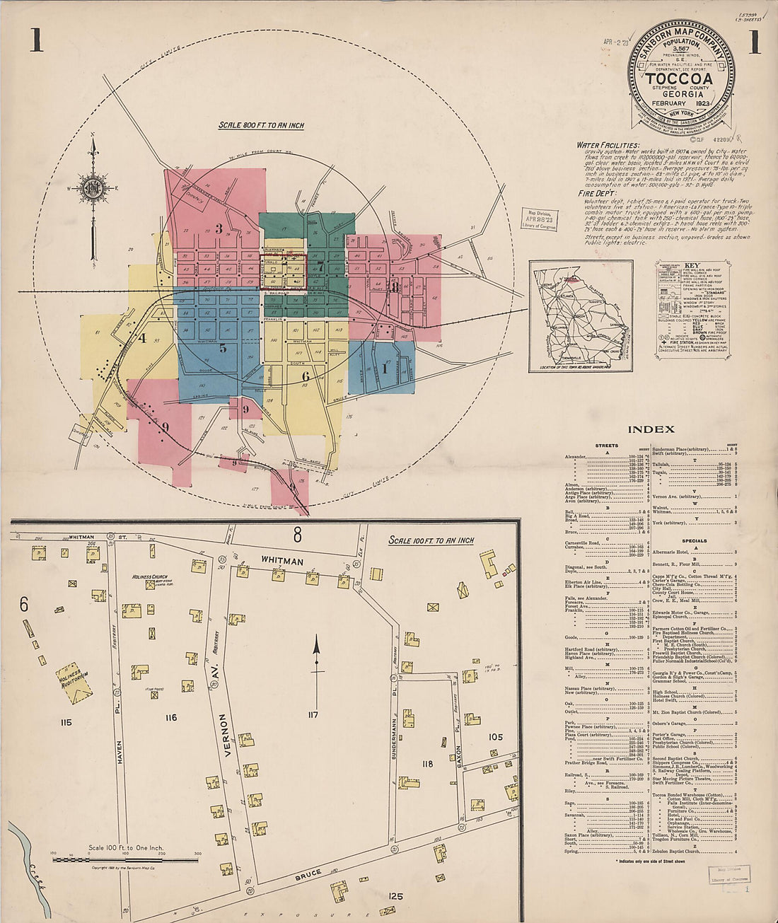 This old map of Toccoa, Stephens County, Georgia was created by Sanborn Map Company in 1923