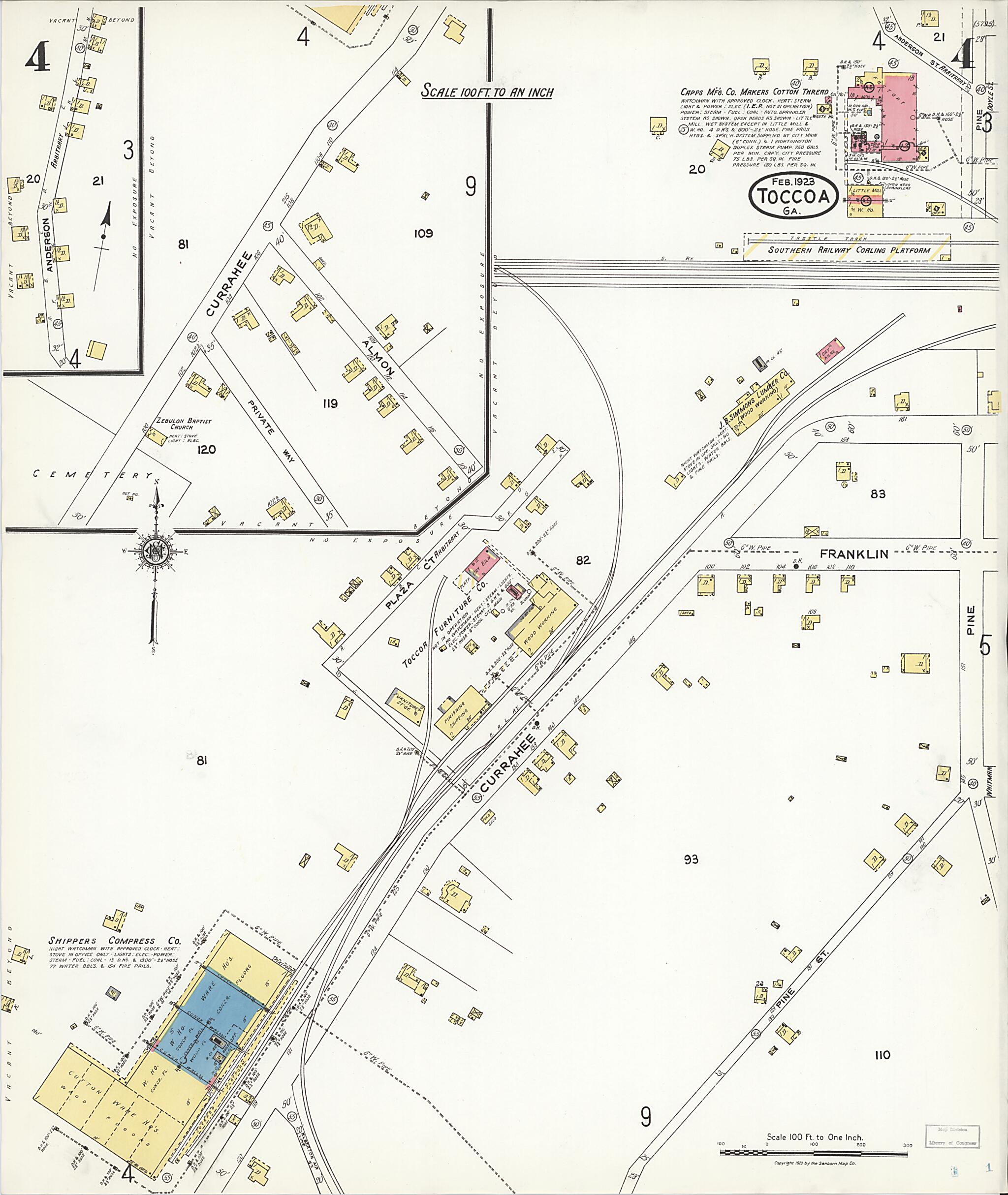 This old map of Toccoa, Stephens County, Georgia was created by Sanborn Map Company in 1923