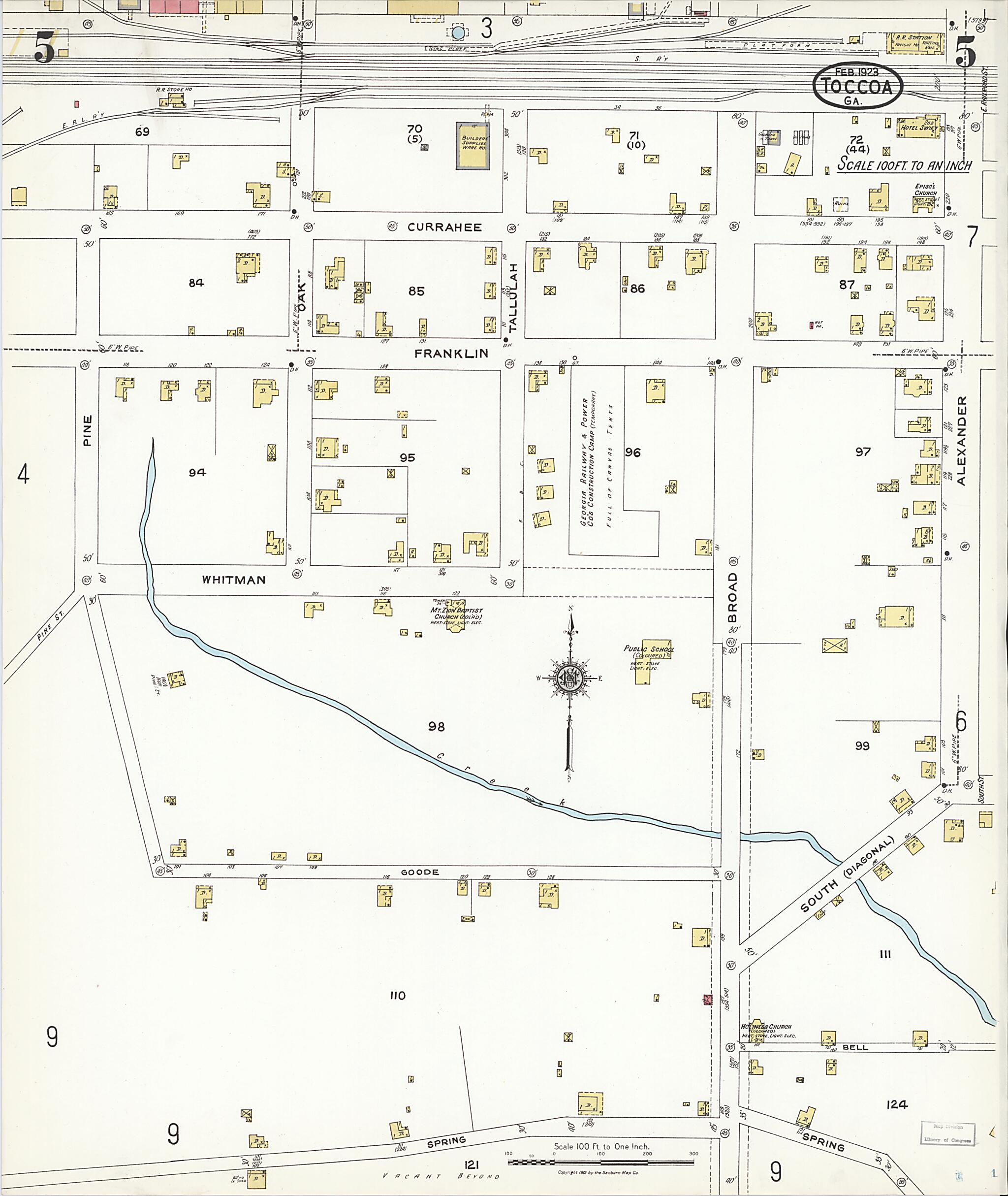 This old map of Toccoa, Stephens County, Georgia was created by Sanborn Map Company in 1923