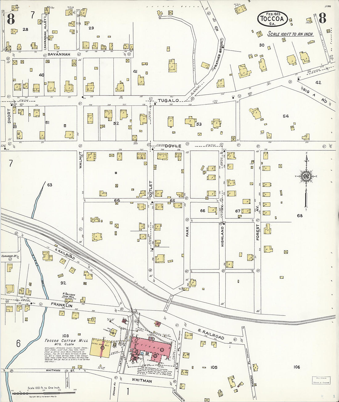 This old map of Toccoa, Stephens County, Georgia was created by Sanborn Map Company in 1923