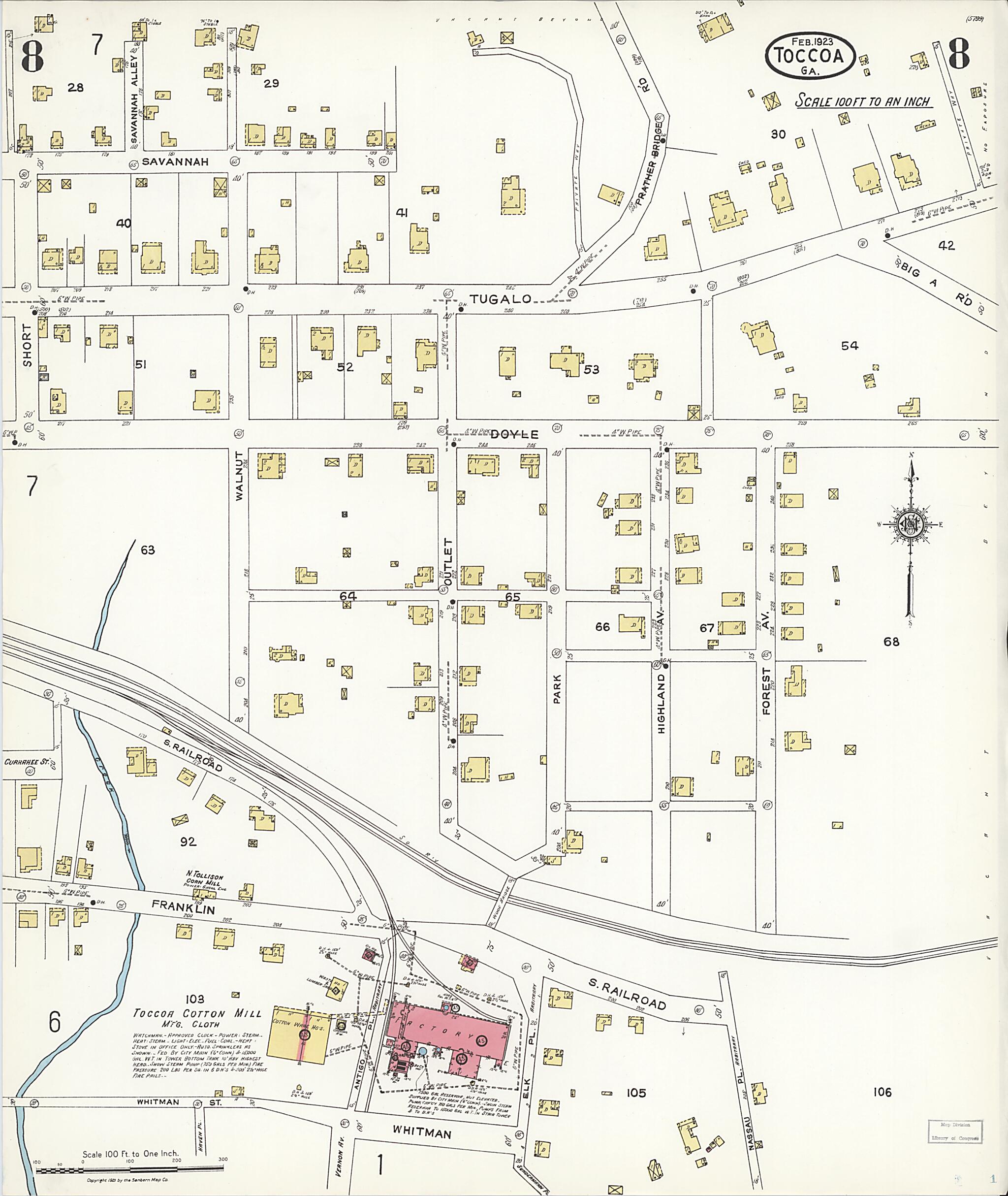 This old map of Toccoa, Stephens County, Georgia was created by Sanborn Map Company in 1923