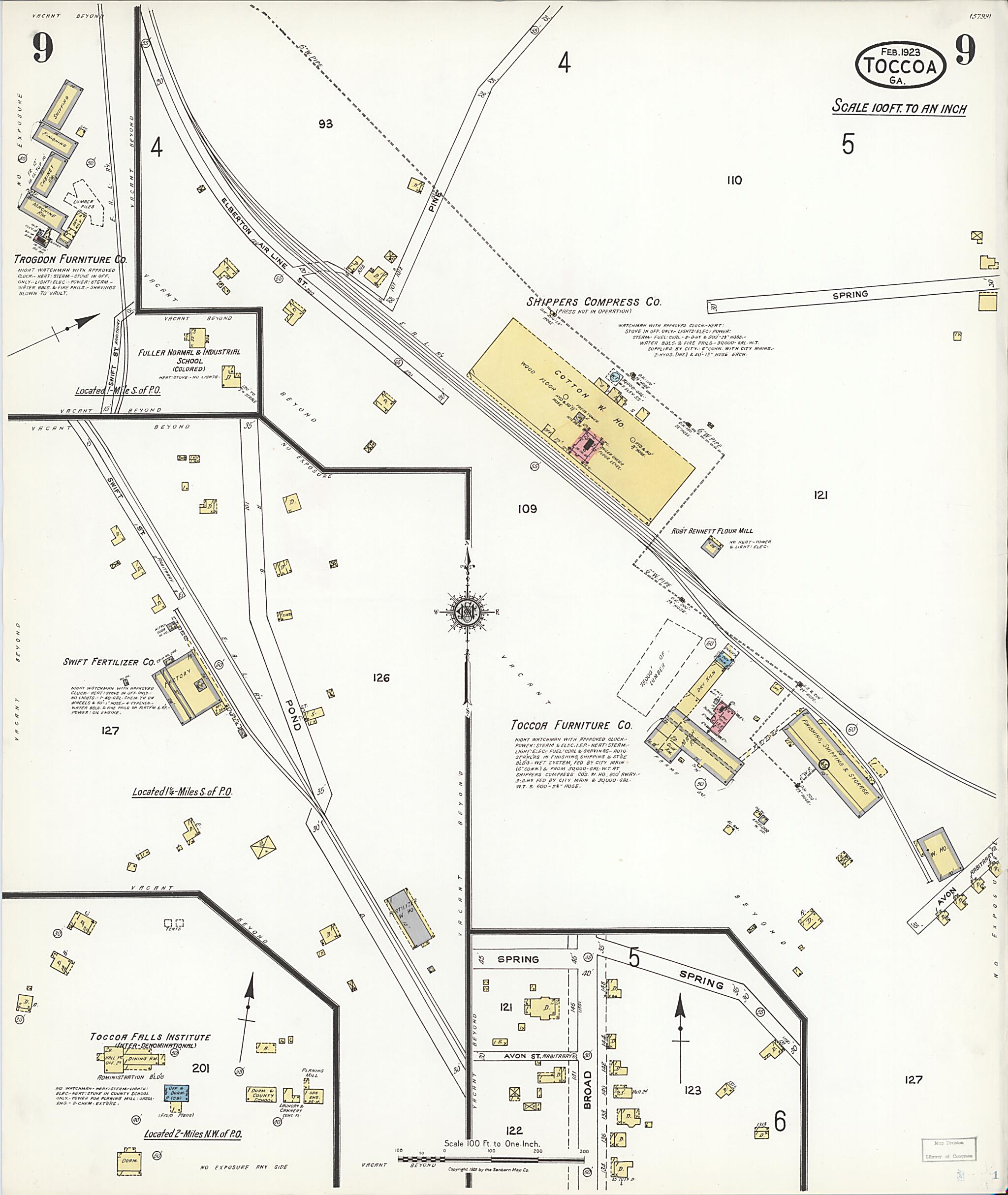 This old map of Toccoa, Stephens County, Georgia was created by Sanborn Map Company in 1923