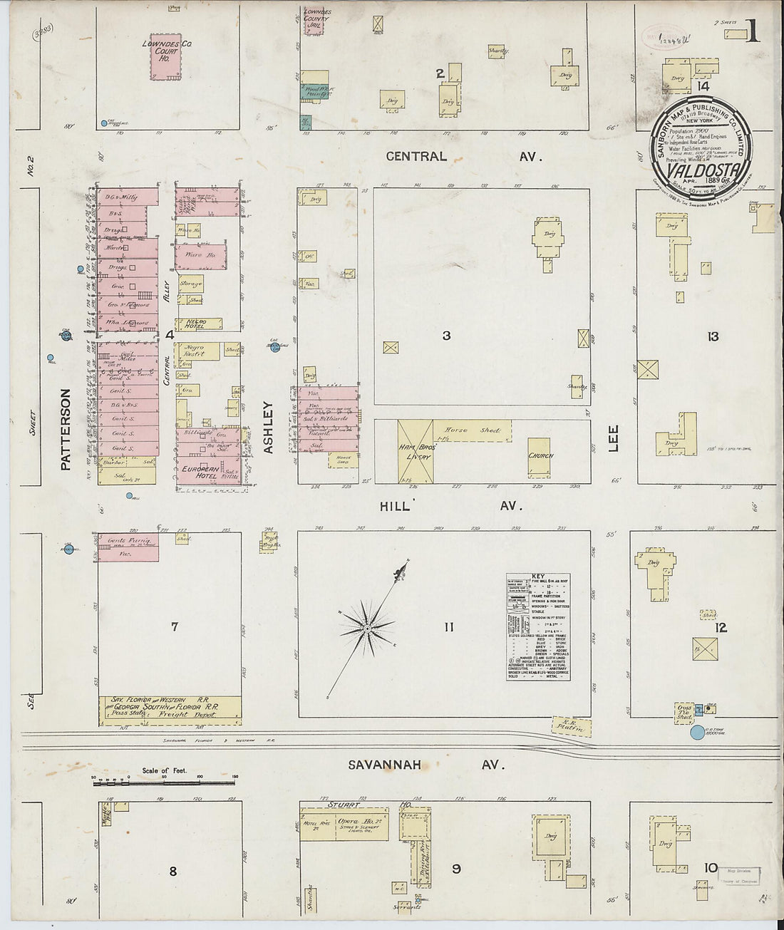 This old map of Valdosta, Lowndes County, Georgia was created by Sanborn Map Company in 1889