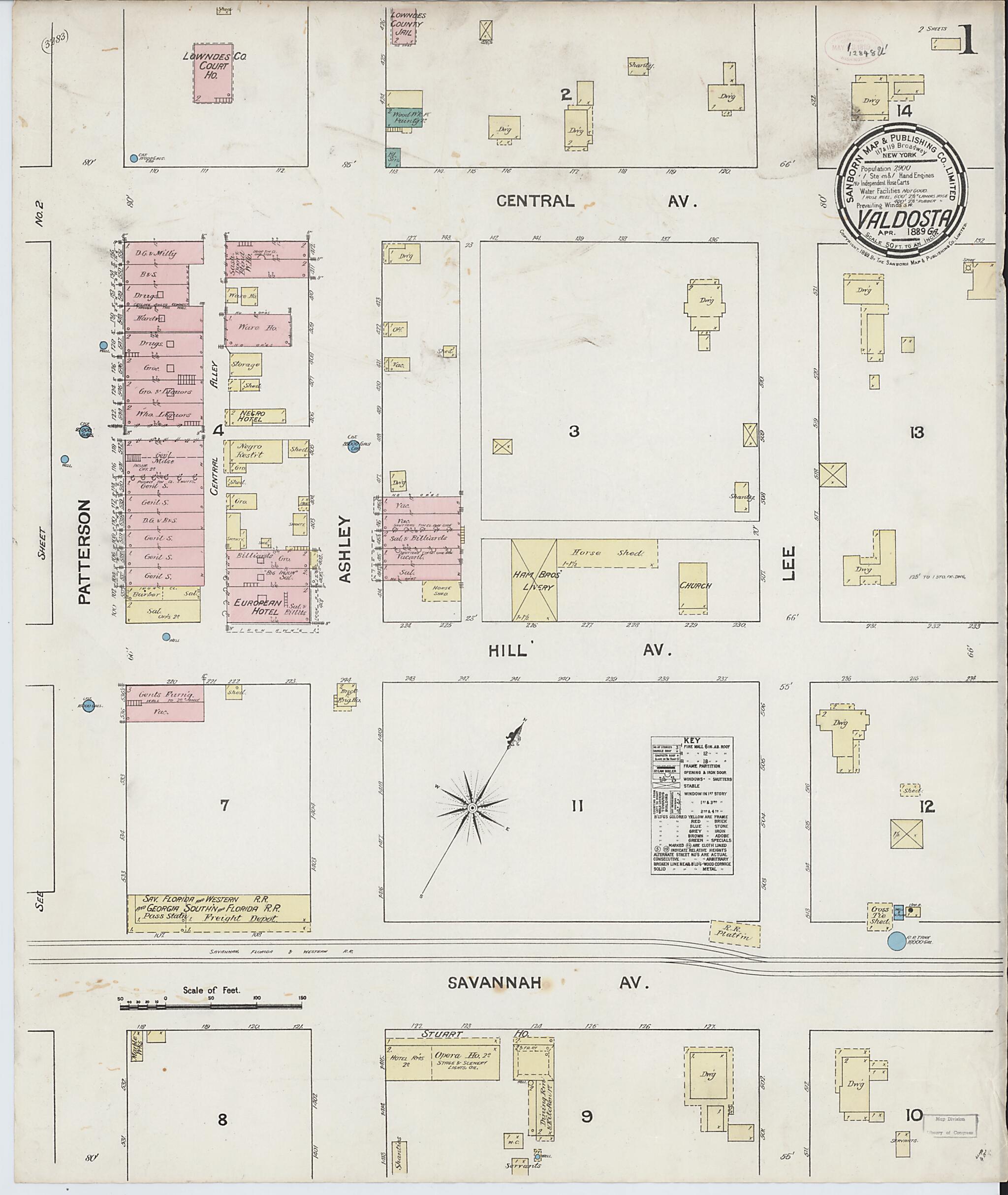 This old map of Valdosta, Lowndes County, Georgia was created by Sanborn Map Company in 1889