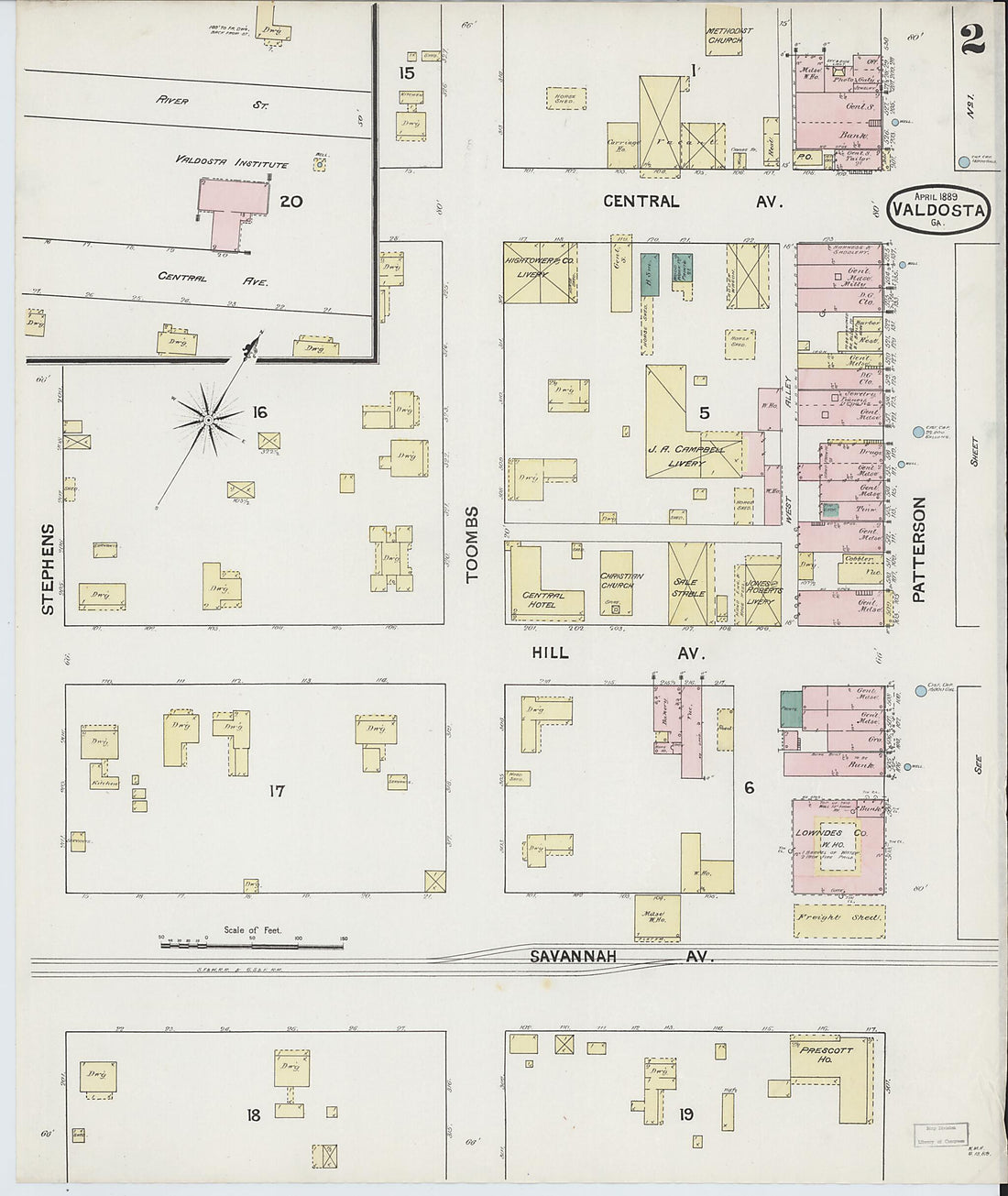 This old map of Valdosta, Lowndes County, Georgia was created by Sanborn Map Company in 1889