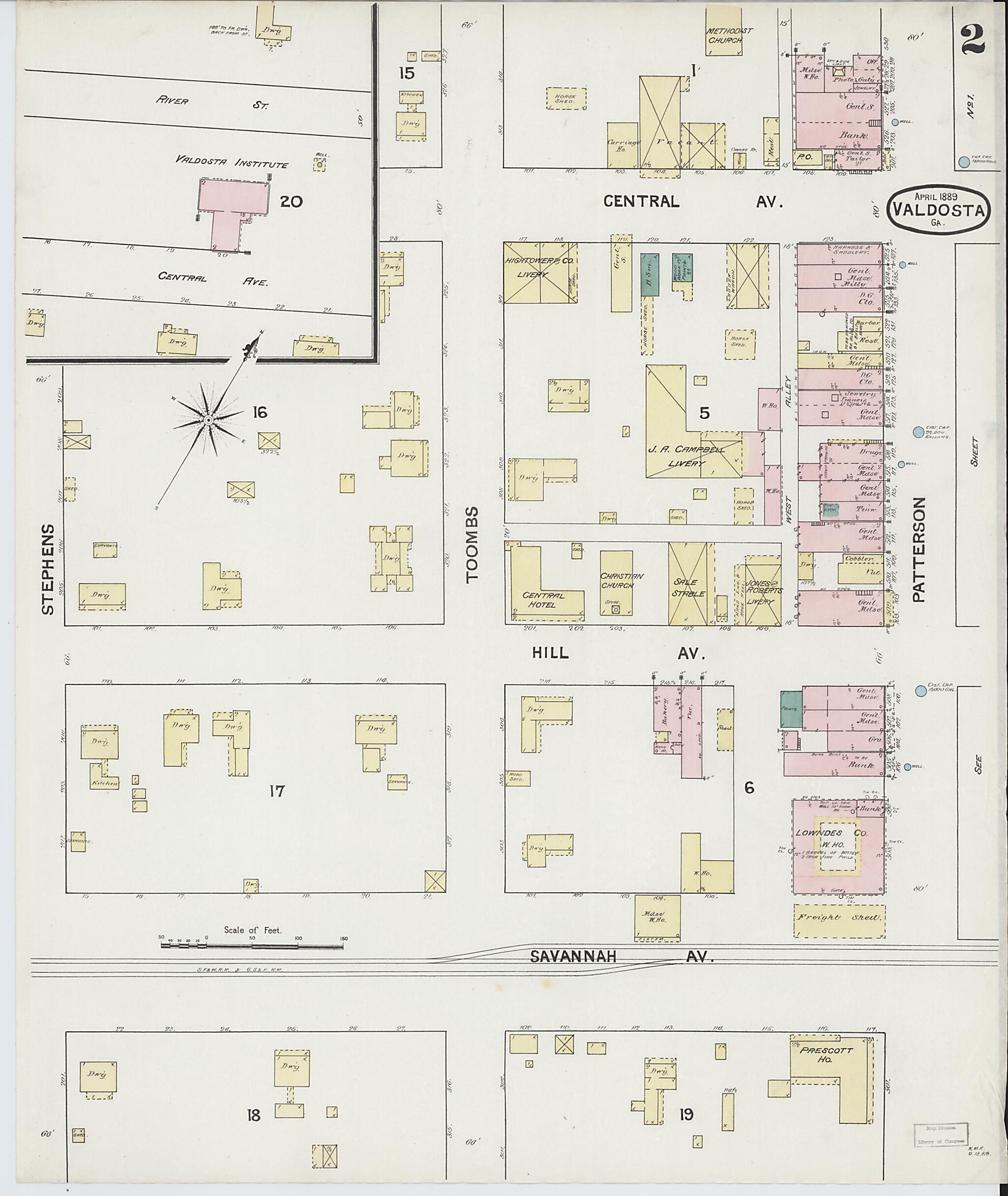 This old map of Valdosta, Lowndes County, Georgia was created by Sanborn Map Company in 1889