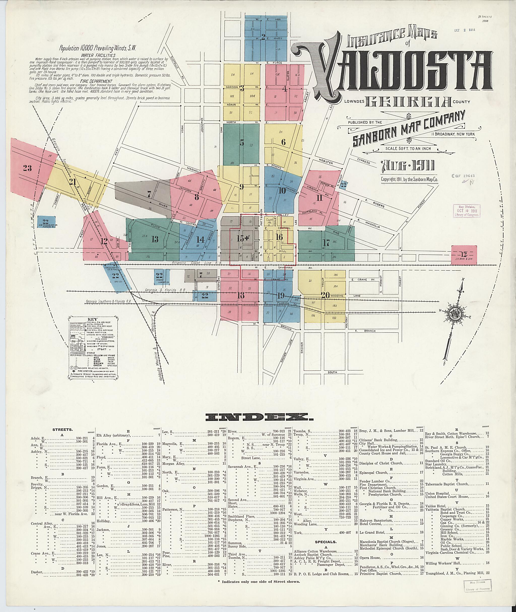 This old map of Valdosta, Lowndes County, Georgia was created by Sanborn Map Company in 1911