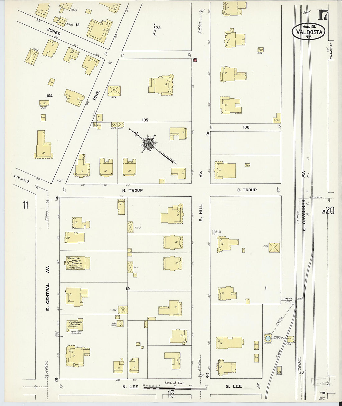 This old map of Valdosta, Lowndes County, Georgia was created by Sanborn Map Company in 1911