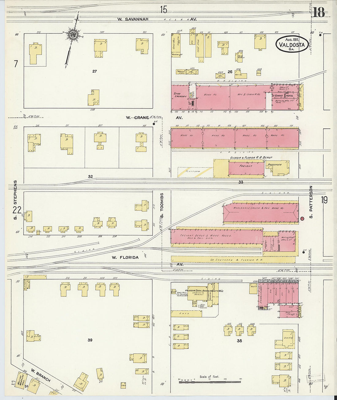 This old map of Valdosta, Lowndes County, Georgia was created by Sanborn Map Company in 1911