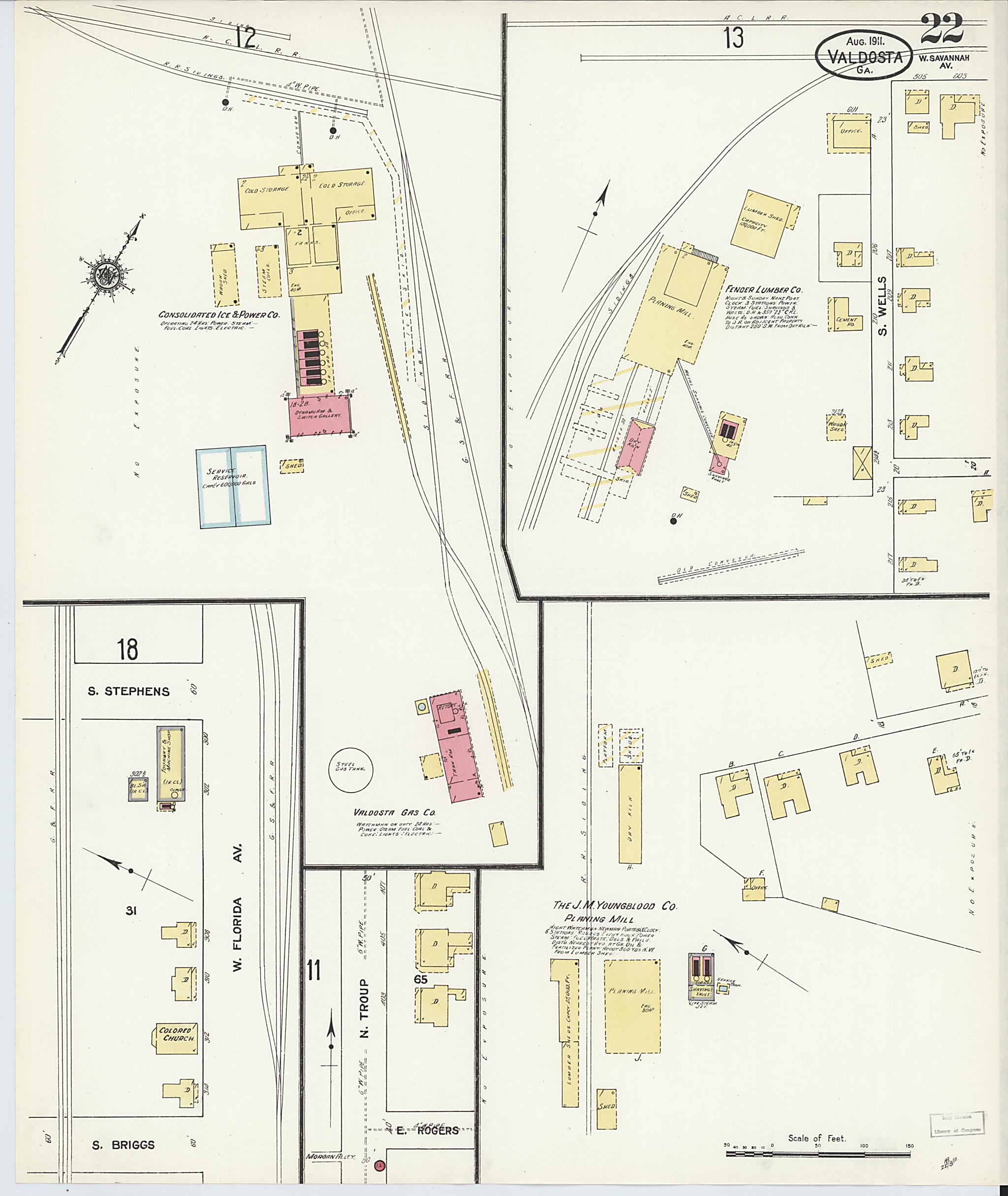 This old map of Valdosta, Lowndes County, Georgia was created by Sanborn Map Company in 1911