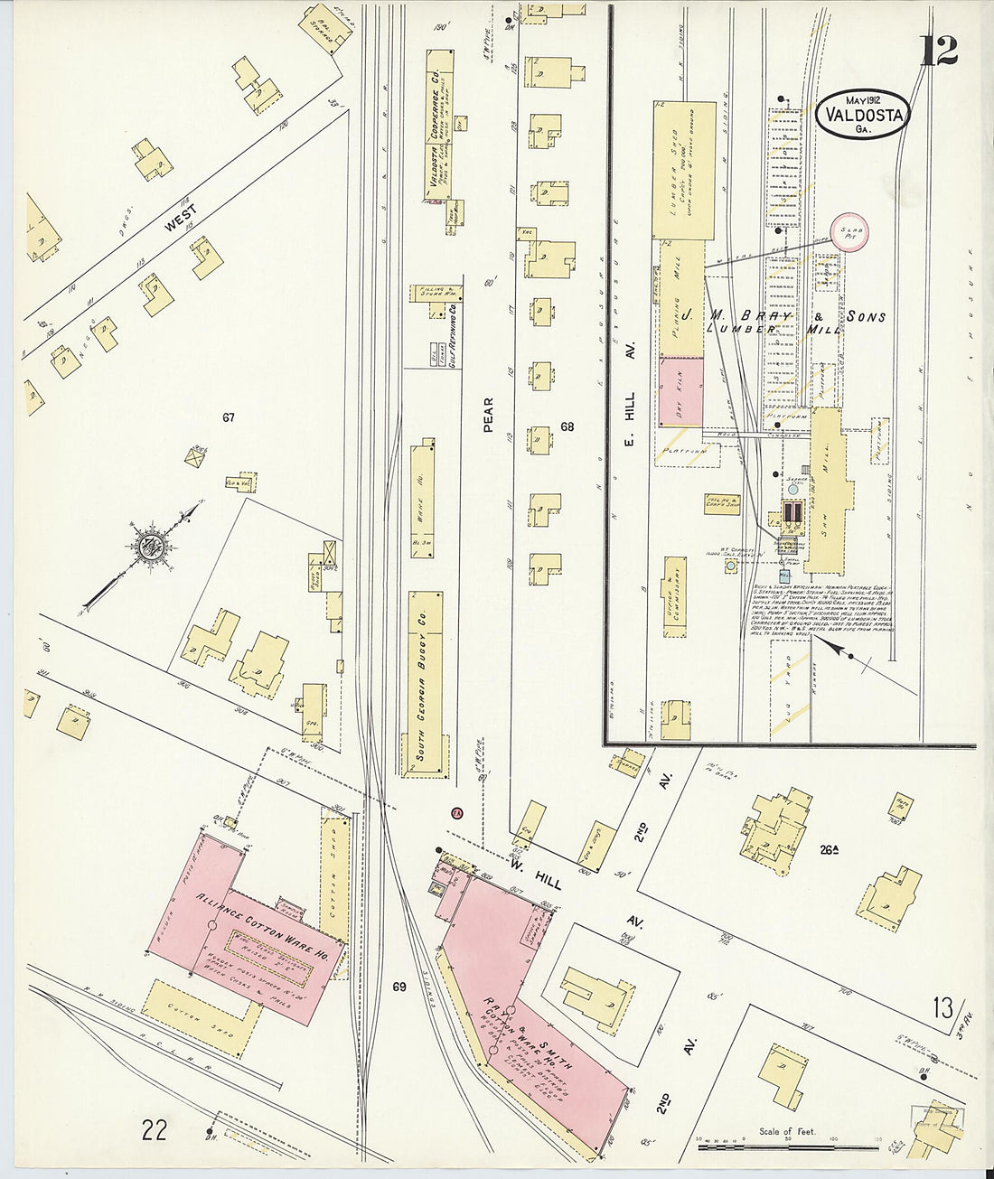 This old map of Valdosta, Lowndes County, Georgia was created by Sanborn Map Company in 1912