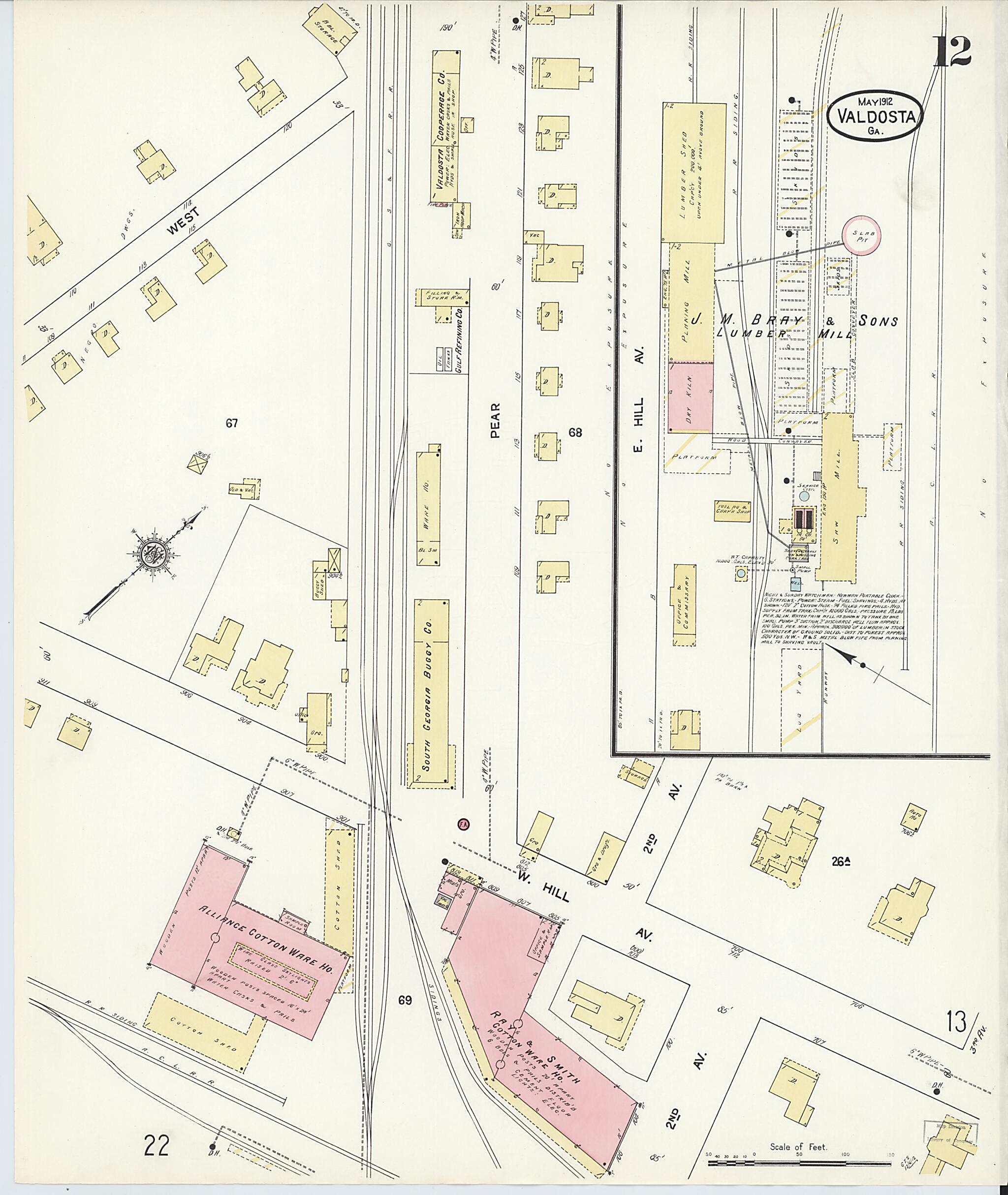 This old map of Valdosta, Lowndes County, Georgia was created by Sanborn Map Company in 1912