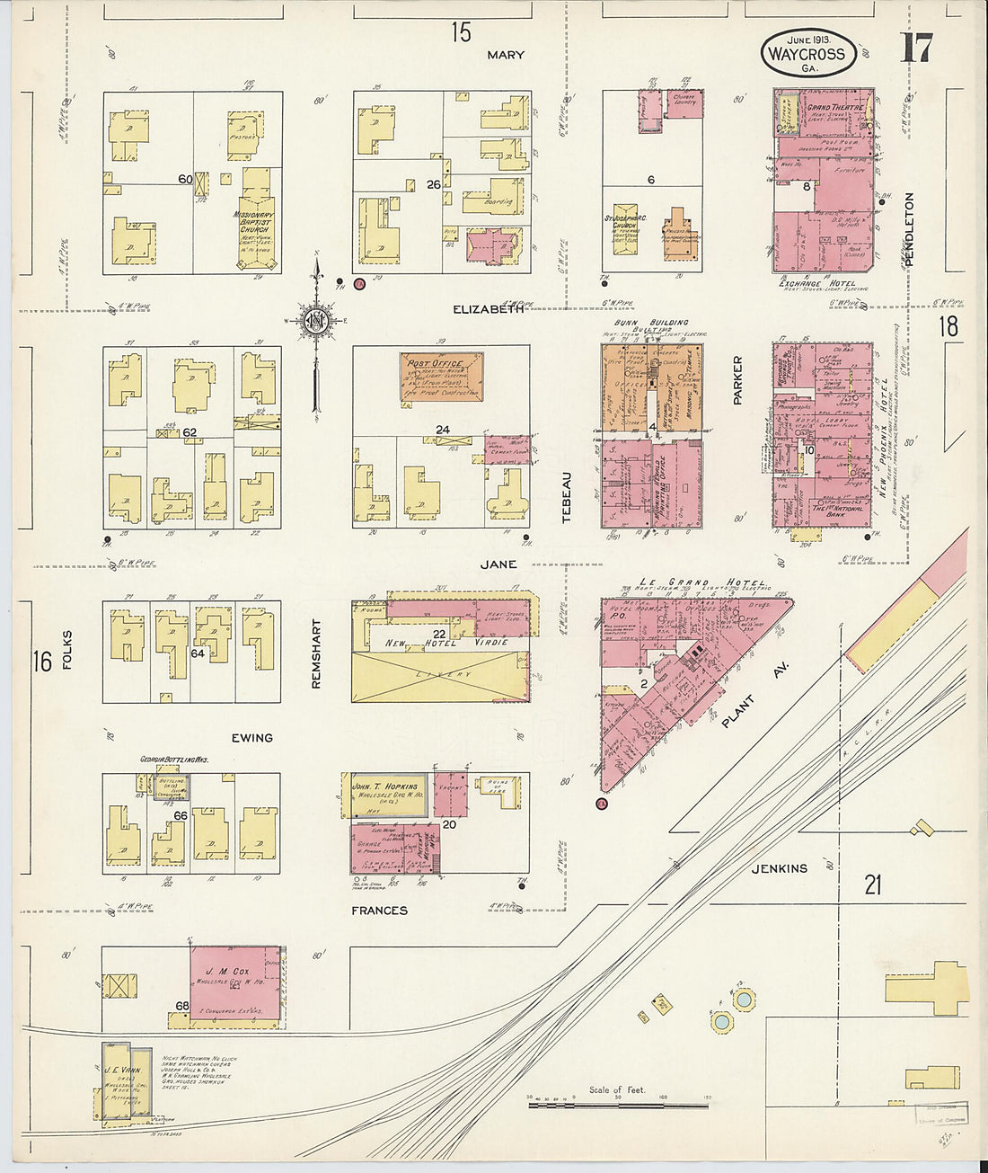 This old map of Waycross, Ware County, Georgia was created by Sanborn Map Company in 1913